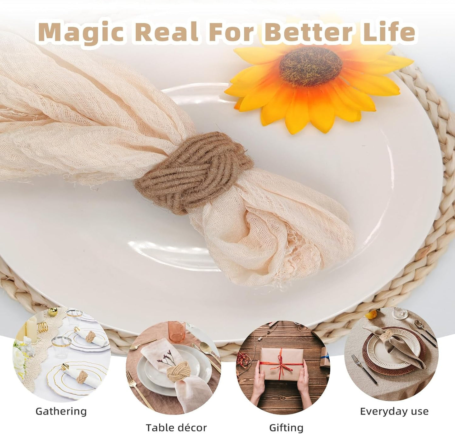 Woven Napkin Rings Set of 12, Farmhouse Burlap Cotton Yute Napkin Rings for Holiday Dinner Birthday Wedding Thanksgiving Christmas Banquet Party Decoration of Table Setting Decor(Yute 12)