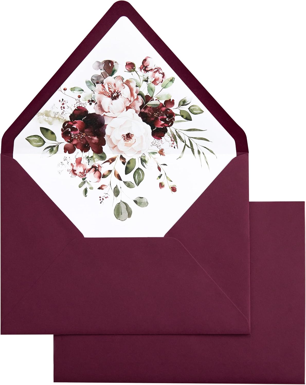 PONATIA 50PCS A7 Euro Flap Envelopes, 5.25 x 7.25'' Burgundy Flowers Liner Envelope for 5x7'' Wedding Invitation Cards, Christmas Gift Cards, Acrylic Invitations, Photos