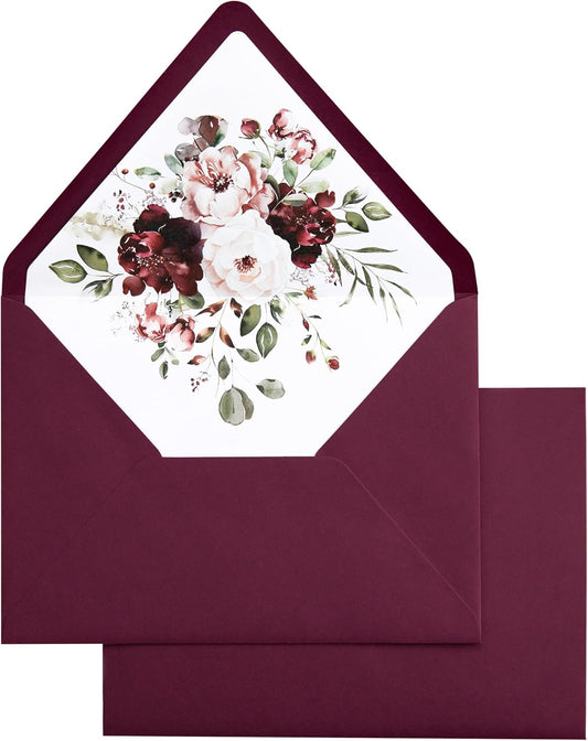 PONATIA 50PCS A7 Euro Flap Envelopes, 5.25 x 7.25'' Burgundy Flowers Liner Envelope for 5x7'' Wedding Invitation Cards, Christmas Gift Cards, Acrylic Invitations, Photos