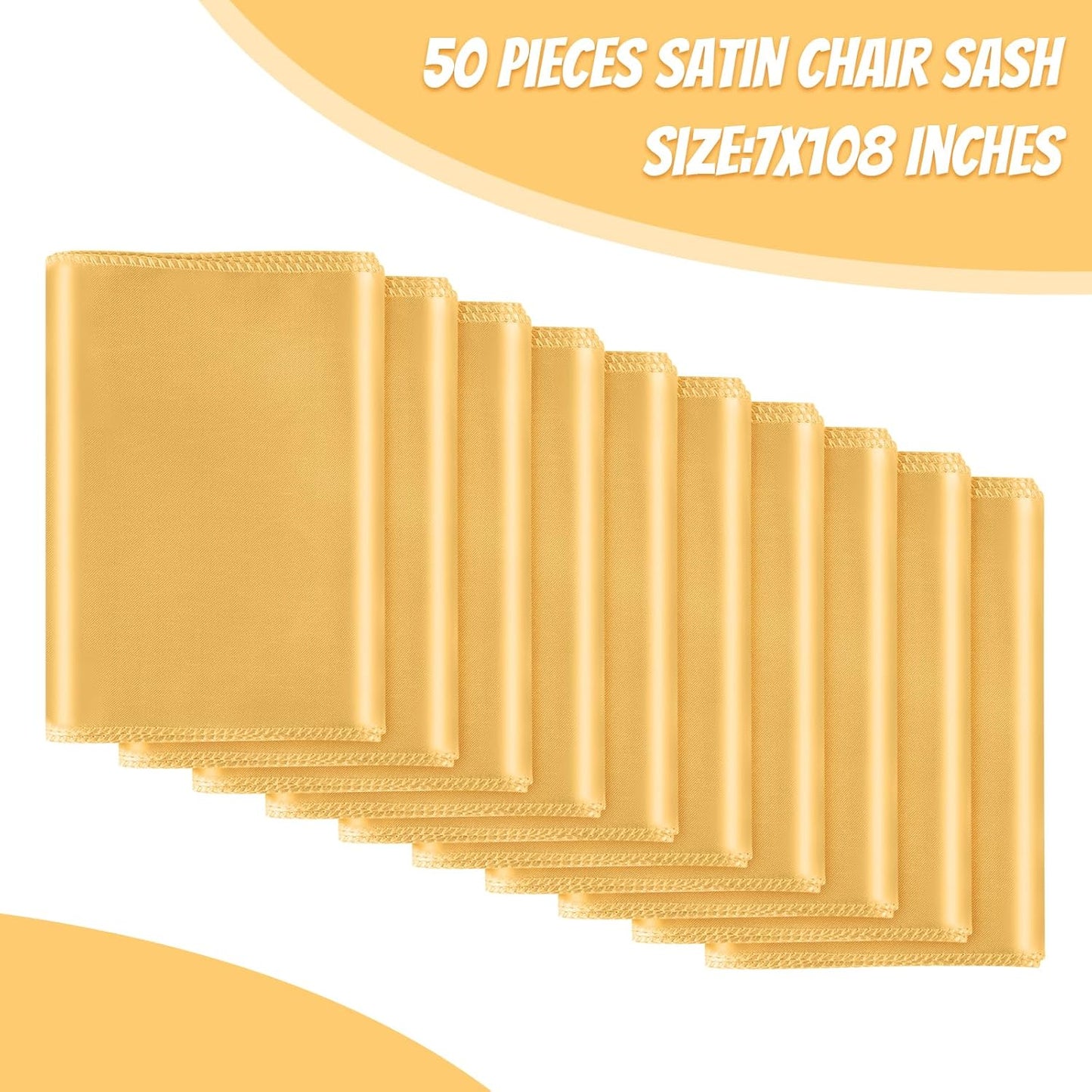 50 PCS Gold Satin Chair Sashes Bows Universal Chair Ribbon Ties Back Sash for Wedding Party Reception Events Banquets Hotel Event Chair Cover Decoration (7x108 inch)