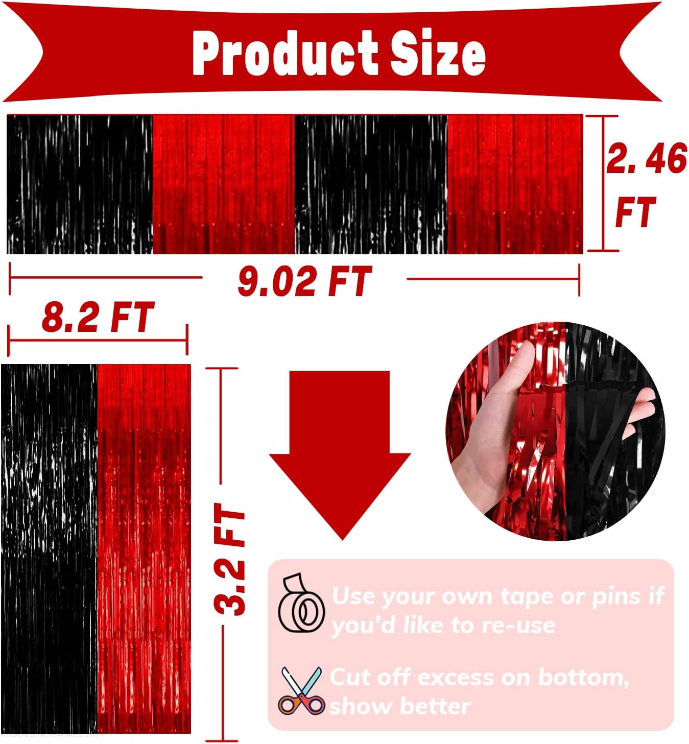 4P Metallic Foil Fringe Tinsel Table Skirts for Rectangle Tables Backdrop Banner Streamer Garland Curtains for Parade Floats Wedding Graduation Anniversary Birthday Parties Decoration (Black Red)