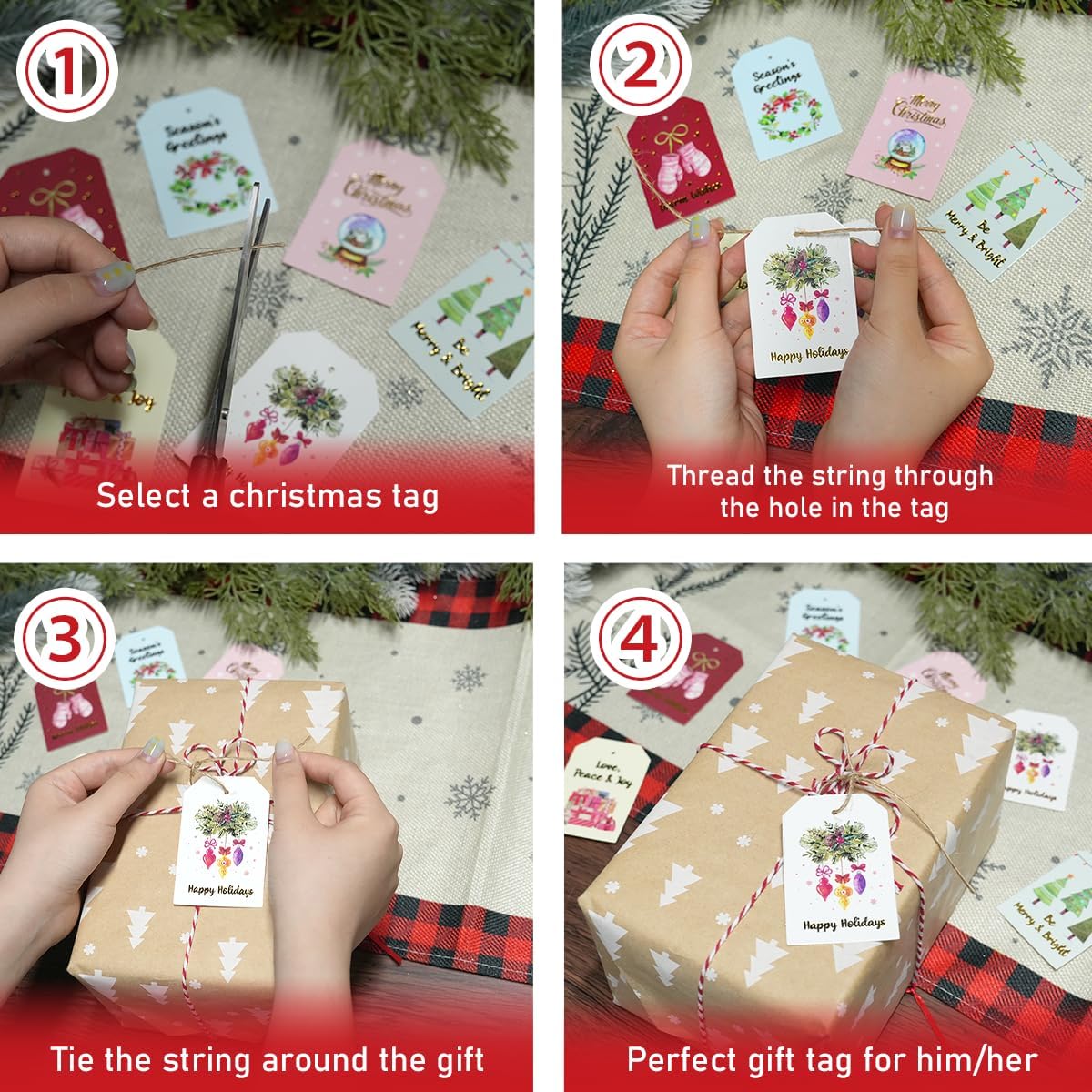 48 Pcs Christmas Gift Tags, Watercolor Christmas Hanging Tags Label Gold Foil with Hemp Rope Xmas Present Tag for DIY Xmas Holiday Present Wrapping Decorations, 6 Styles