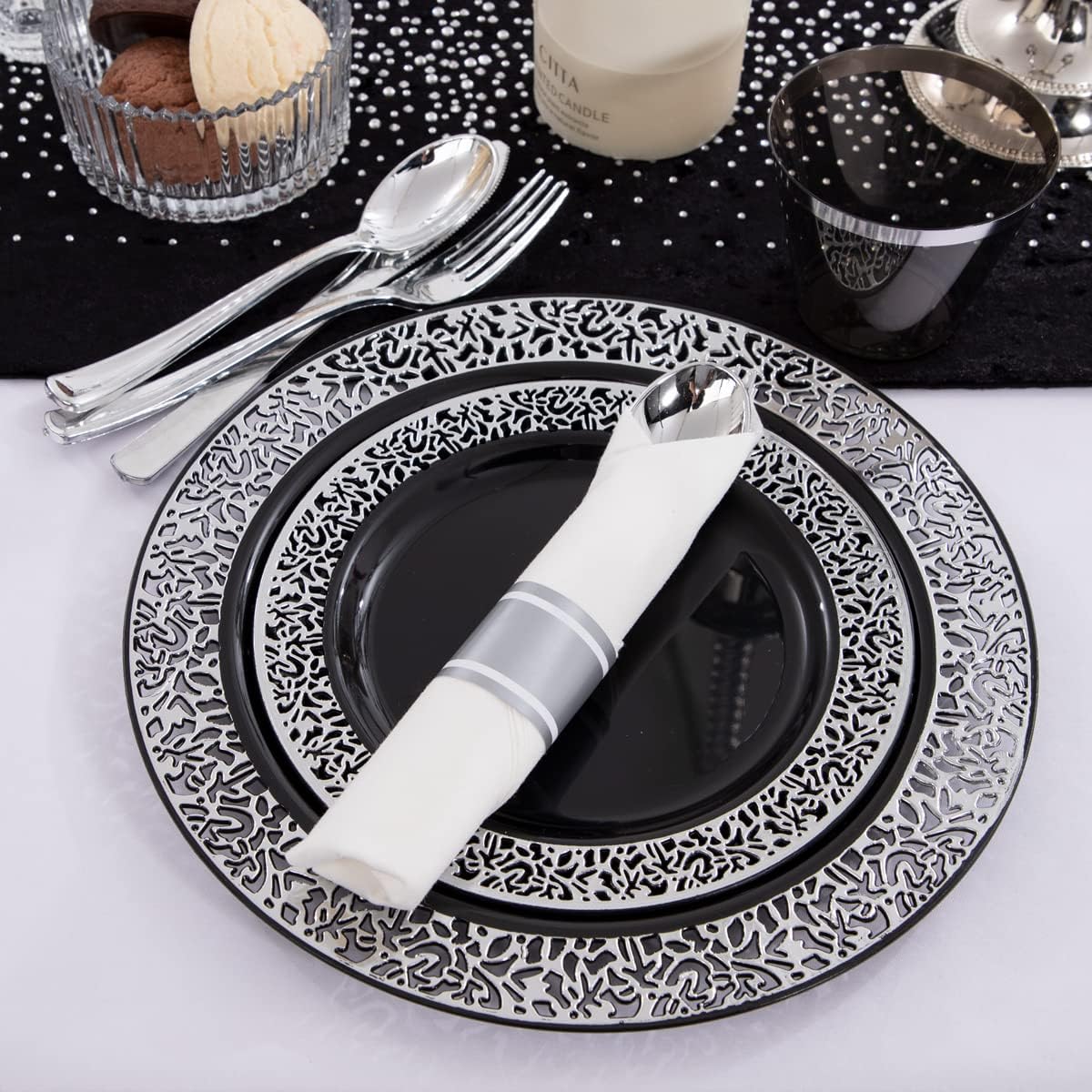 NOCCUR 210PCS Black and Silver Dinnerware Set for 30 Guests - Black Plastic Plates with Silver Rim Include 30 Dinner / 30 Dessert Plates, 30 Prewrapped Silverware, 30 Cups Ideal for Party, Halloween