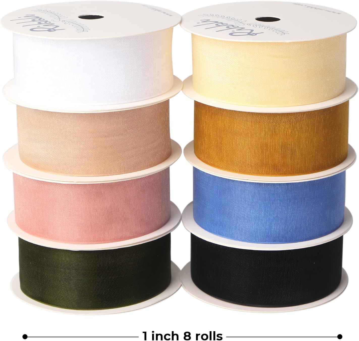 Ribbli 8 Rolls Organza Ribbon 1 Inches Total 80 Yard White Ivory Champagne Gold Rose Gold Dusty Blue Moss Black Sheer Ribbon for Gift Wrapping,Cookie Wrapping,Easter,Wedding Decoration
