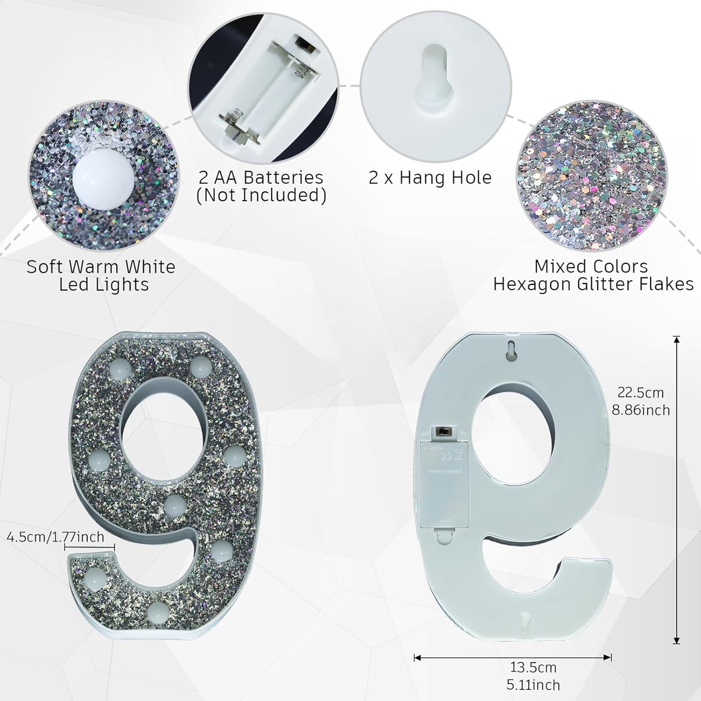 Marquee Light Letters for Table Decorations, Glitter Light Up Signs for Prom, Events, or Engagement Party Decor, Featuring Alphabet & Number Lighted Letters, Number 9