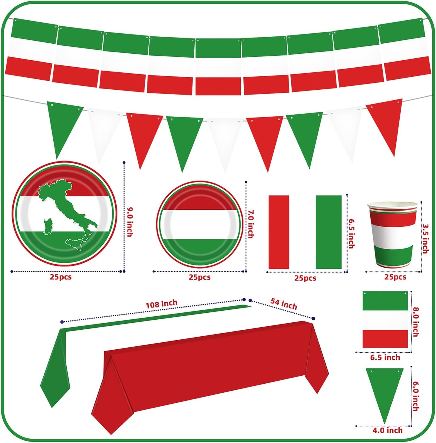 Italian Party Decorations Italy Flag Party Supplies Include Italian Flag Plates and Napkins Cups Banner Tablecloth for Red White and Green Italian Party Decor Italy Party Family Gathering,Serves 25
