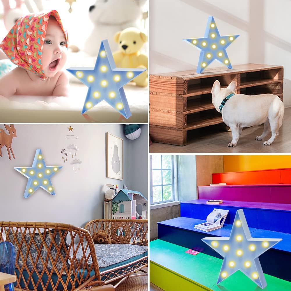 LED Marquee Star Sign Night Light, Battery Operated Star Shaped Desk Table Lamp for Kids, Baby, Child, Girl Gift, Nursery Room, Wall Decor - Blue