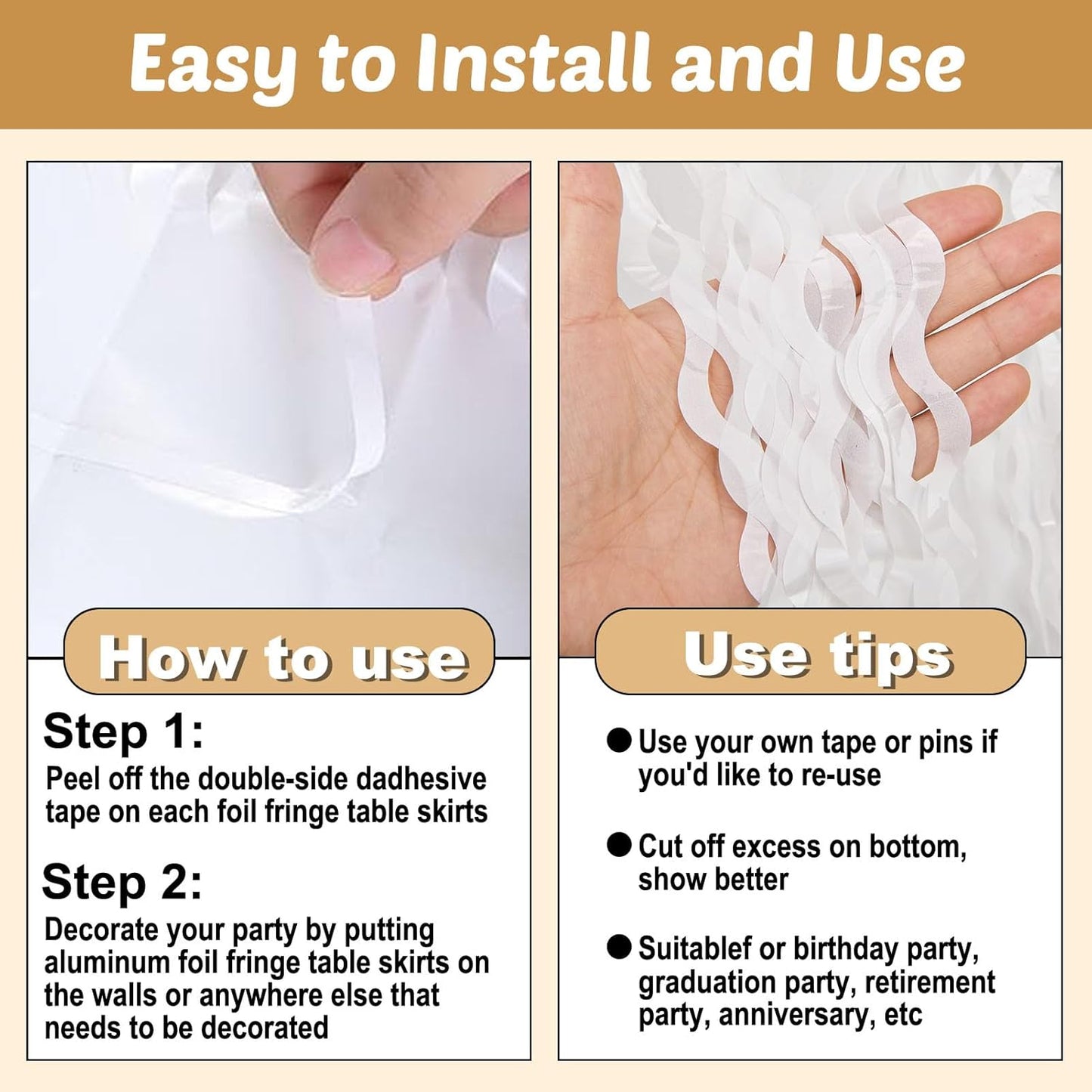 6 Pack 29x108 Inch Macaron White Wave Foil Fringe Table Skirts Metallic Banner for Tinsel Streamer Garland Backdrop for Parade Floats Wedding, Mother's Day, Birthday Mardi Gras Party Decorations