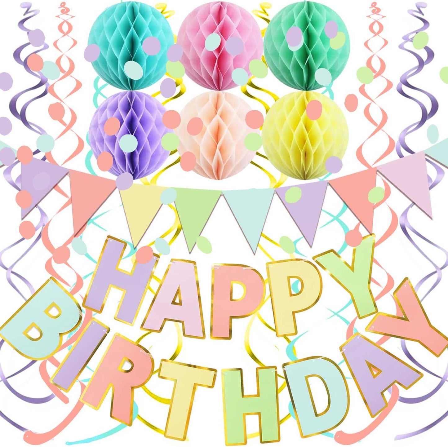 Fecedy Macaron Superlarge Alphabet Happy Birthday Banner Colorful Flag Bunting Circle Confetti Garland Swirl Streamers Honeycomb Ball for Birthday Party Decorations