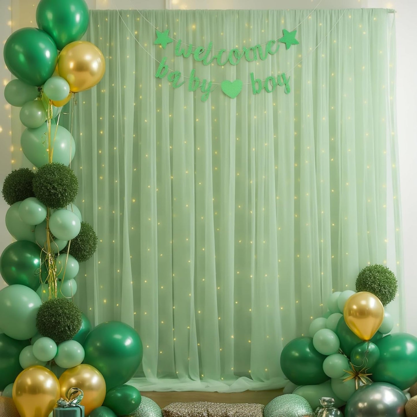 20×10ft Green Tulle Backdrop Curtain with Lights String for Parties, Sheer Photo Backdrop Curtains for Wedding Party Photography Background