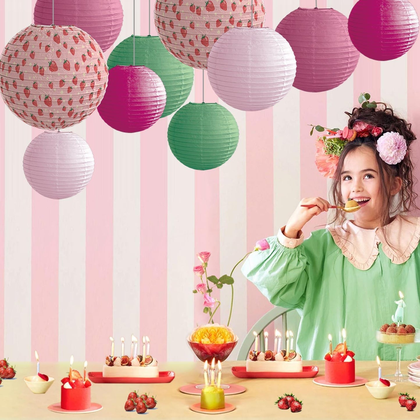 Paper Lanterns Pink Strawberry Girls Party Decor Hanging Chinese Lantern 12+10+8 inch Bohemian Decorations Baby Shower Ceilling Decor and Party Gift