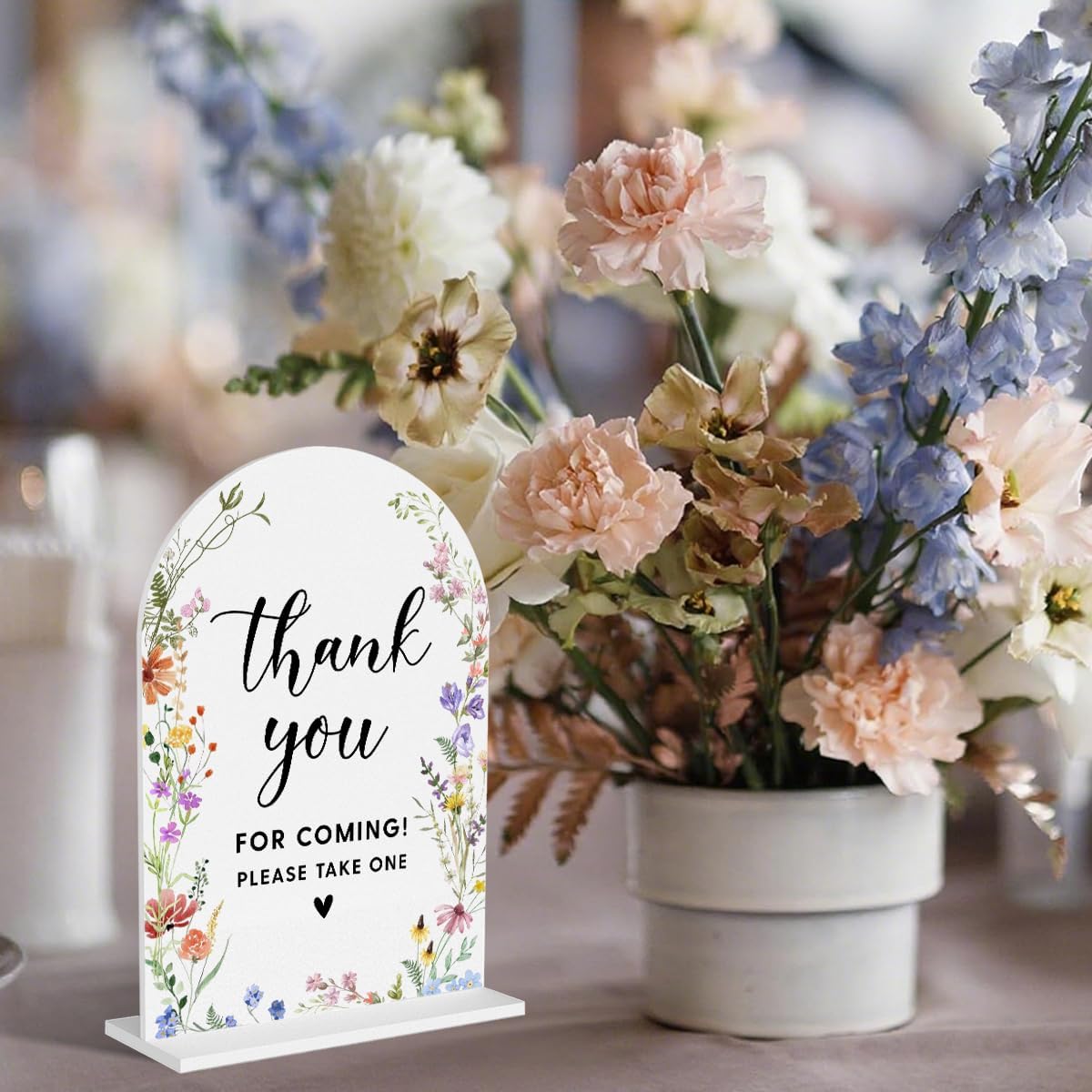 Acrylic Wedding Signs, Thank You for Coming Signs for Marriage Reception, Bridal Shower Decorations, Modern Arched Round Top Acrylic Table Top Sign with Holder for Wedding Party (White Wildflowers)