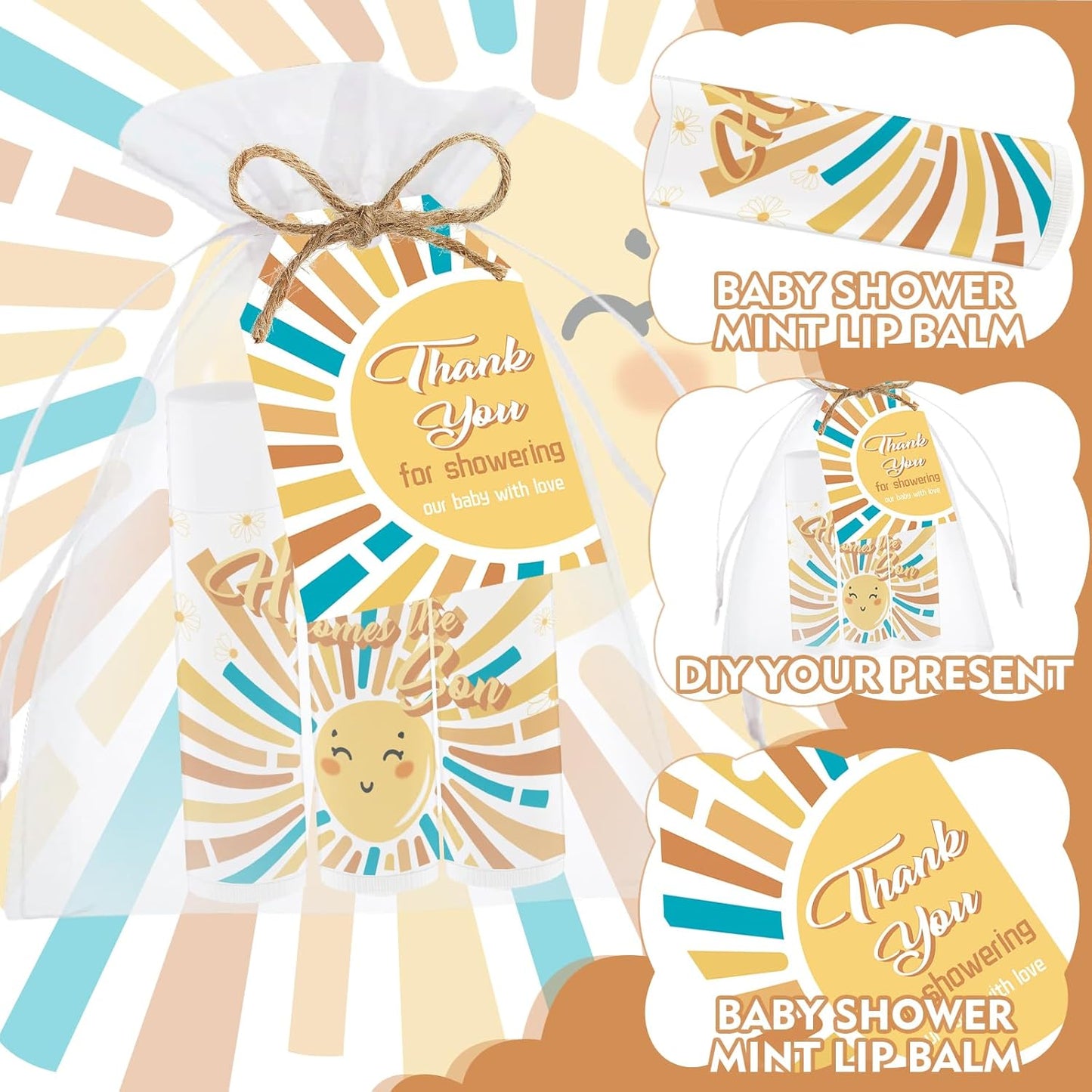 50 PCS Here Comes The Sun Baby Shower Lip Balms Bulk Gift for Guests,Thank You Gifts Sun Birthday Supplies Stuffers,Favors Boys Girls Games Neutral Gender Reveal Thanksgiving Party Favors (Sun)