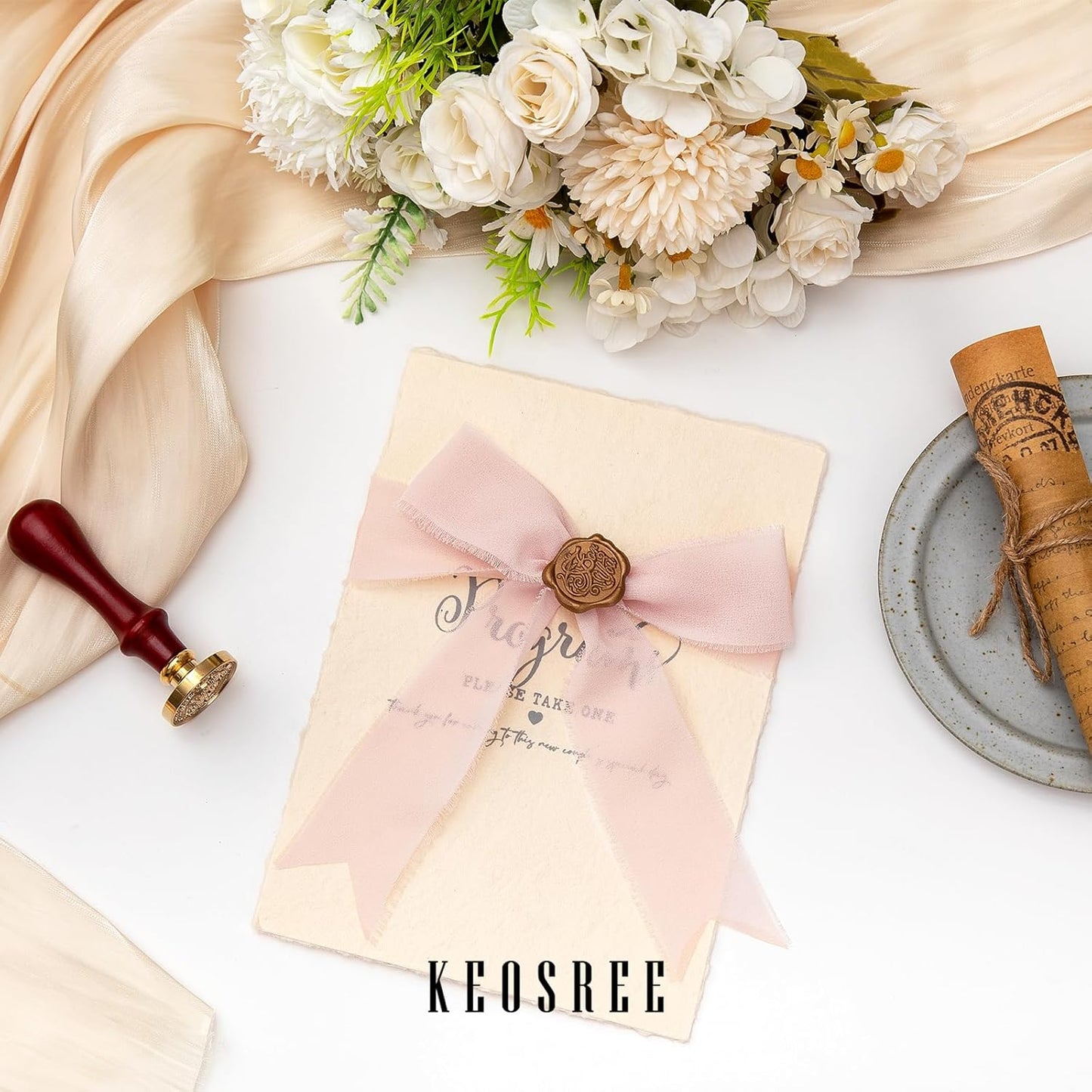 3 Rolls Light Pink Handmade Chiffon Ribbon,1.5" x 21Yd Frayed Fringe Silk Ribbons (3 Rolls *7Yd) for Gifts Wrapping, Wedding Invitations, Bridal Bouquets, Decorations