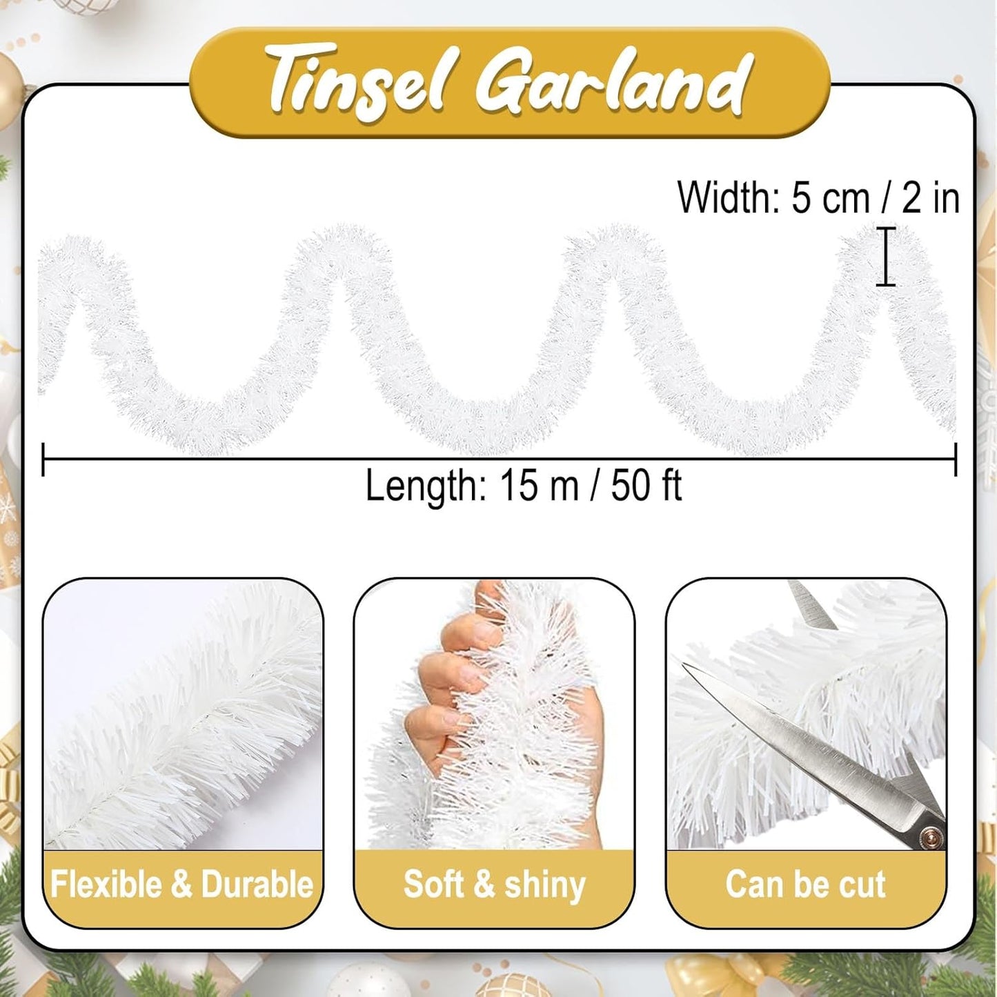 50 Feet Macaron White Christmas Tinsel Garland, Metallic Foil Twist Banner Wall Hanging Tinsel Streamers Backdrop for Parade Floats, Christmas, Mother's Day, Birthday Party Decorations(2in x 50ft)