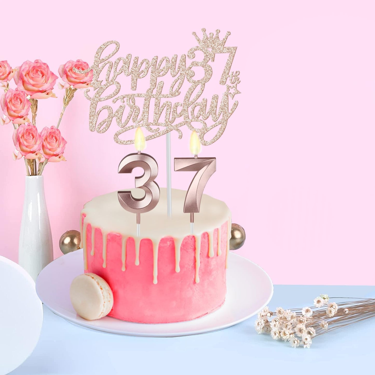 37th Birthday Decorations for Women Including Birthday Sash, Tiara/Crown, Numeral Candles and Cake Topper, 37 Year Old Gifts for Women, Rose Gold Party Decor Supplies