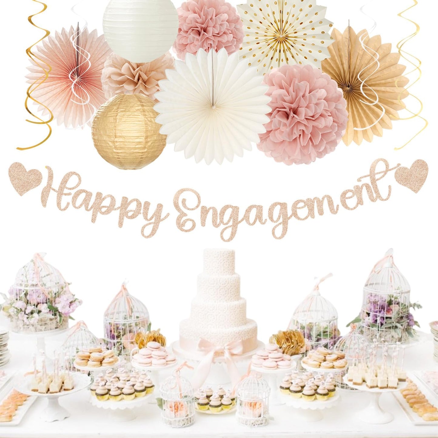 Champagne-Gold Fall Boho Happy-Engagement Party-Decorations - 21pcs Women She Said Yes Proposal Banner Streamers, Beige One Sweet Peach Paper Lanterns,Flower Tissue Pom Poms Fan Favors Decor Huglony