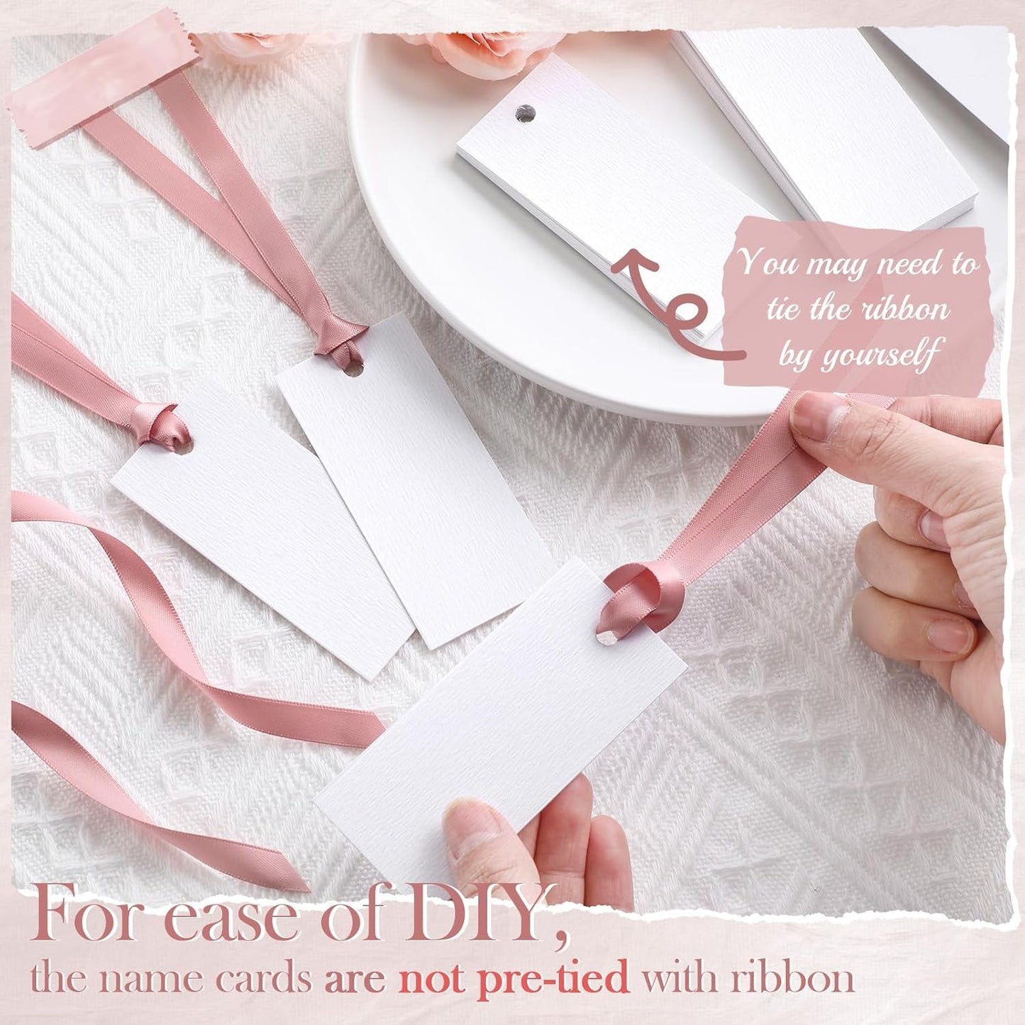50 Pcs Name Place Cards for Table Setting Blank Wedding Place Cards with Satin Ribbon 1.57 x 3.54 Inch Hanging Gift Tags for Wedding Dinner Banquet Party Table Setting Supplies(Rose Gold)