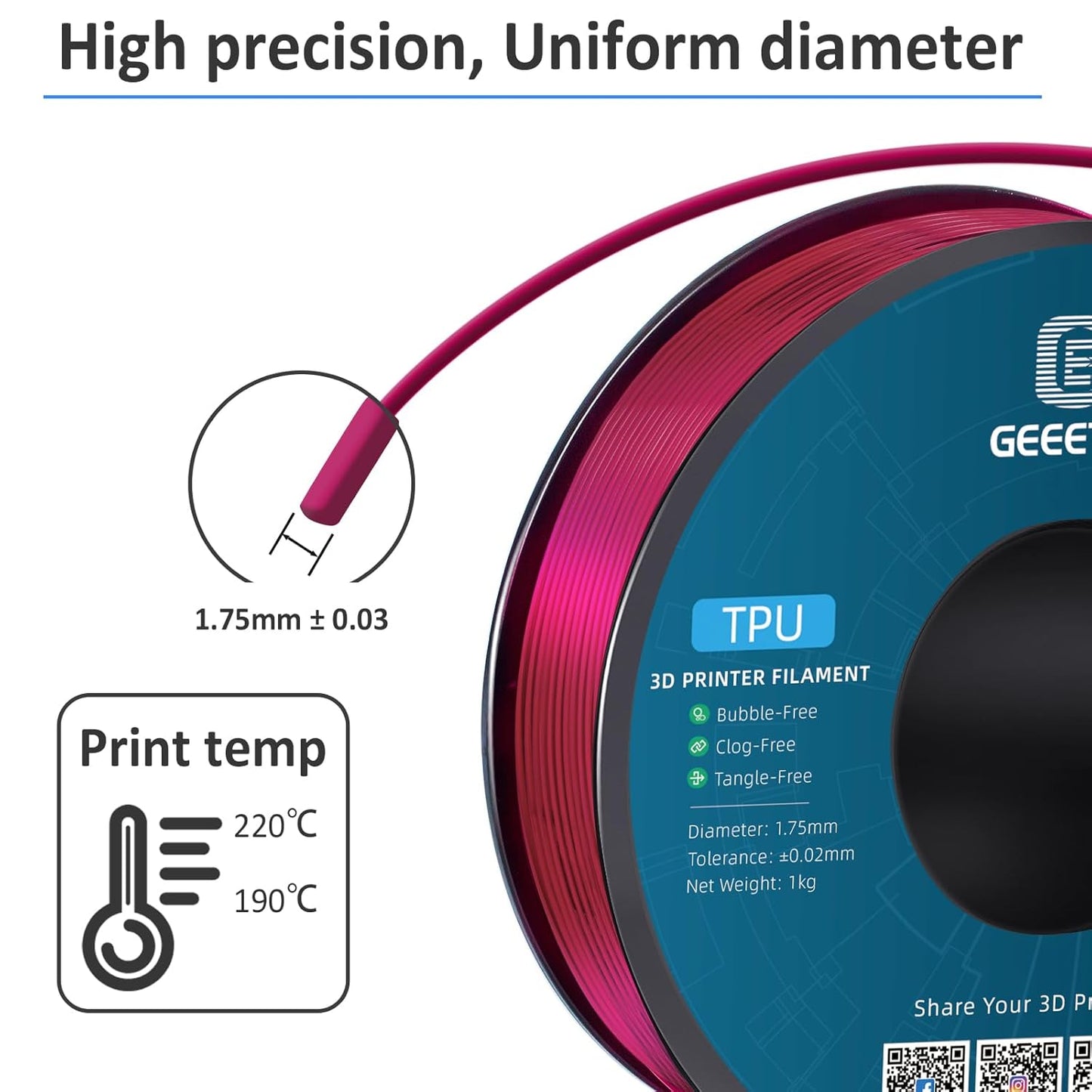Geeetech TPU Filament 1.75mm, Shore 95A – Flexible 3D Printer Filament with High Elasticity, 1KG (2.2lbs) Spool, Dimensional Accuracy ±0.03mm, Fits Most FDM Printers (Clear Pink)