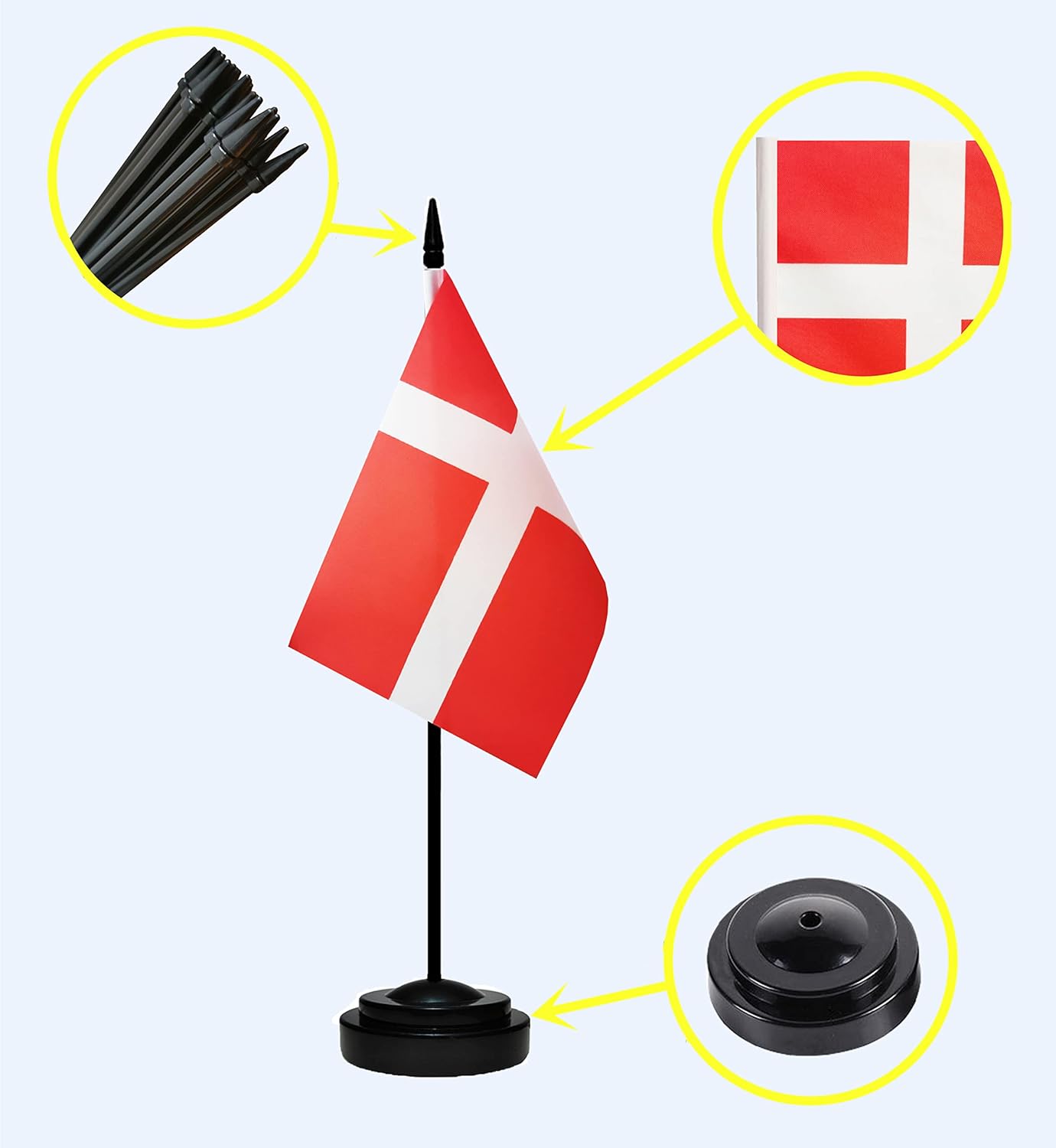 Denmark Danish Dane Deluxe Desk Flag Set Small Mini Miniature Denmark Danish Table Desktop Flags With Solid Pole, Black Base and Spear Top(2 Pack)