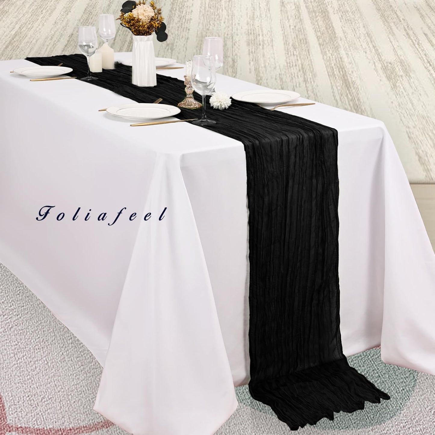 10FT 12 Pack Black Cheesecloth Table Runner 20 x 120 Inch Long Boho Fabric Rustic Cheese Cloth Table Runner for Wedding Bridal Shower Baby Shower Gauze Sheer Birthday Party Table Decorations