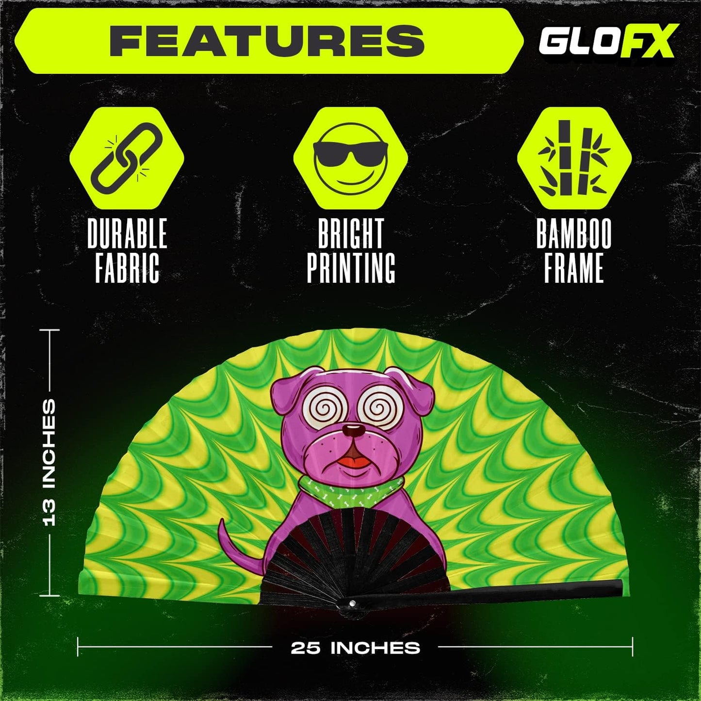 GloFX Rave Trippy Doggy Large Folding Fan - Music Festival Essentials, EDM Rave Accessories