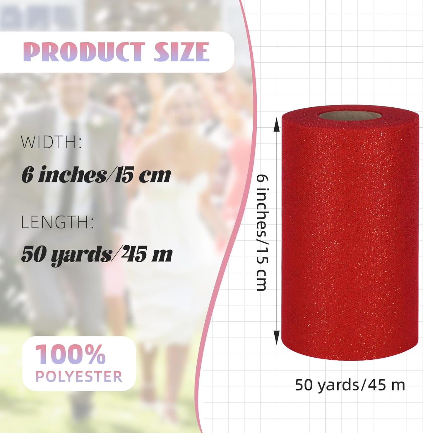 Glitter Tulle Rolls 6” by 50 Yards Sparkle Tulle Fabric Ribbon Sequin Tulle Netting Rolls for DIY Tutu Skirt Wedding Birthday Party Decoration (Red)