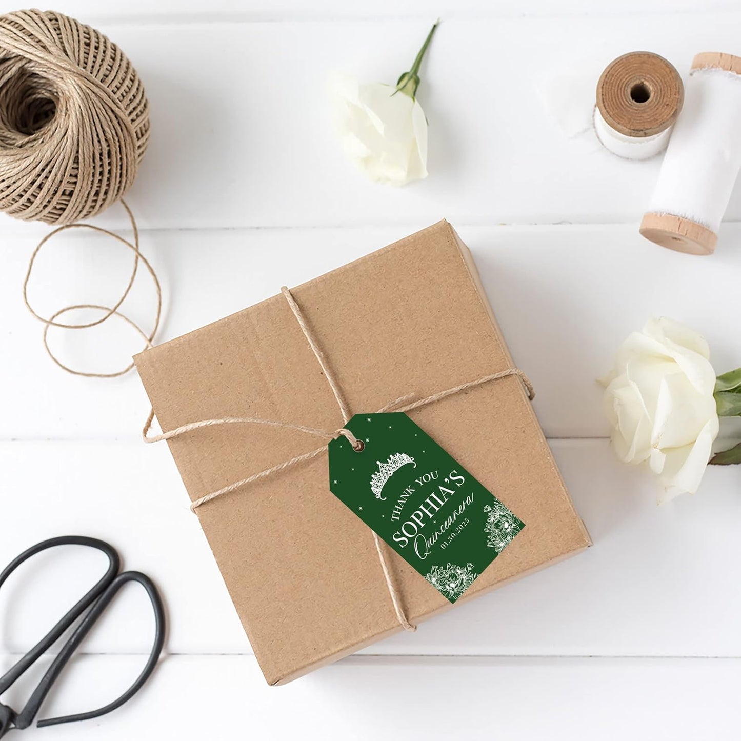Andaz Press 40-Pack Personalized Quinceañera Favor Tags with String, Crown Floral Line Custom Classic Thank You Gift Tags for Quince Años XV 15th Birthday Favor Gifts Quinceanera Decorations