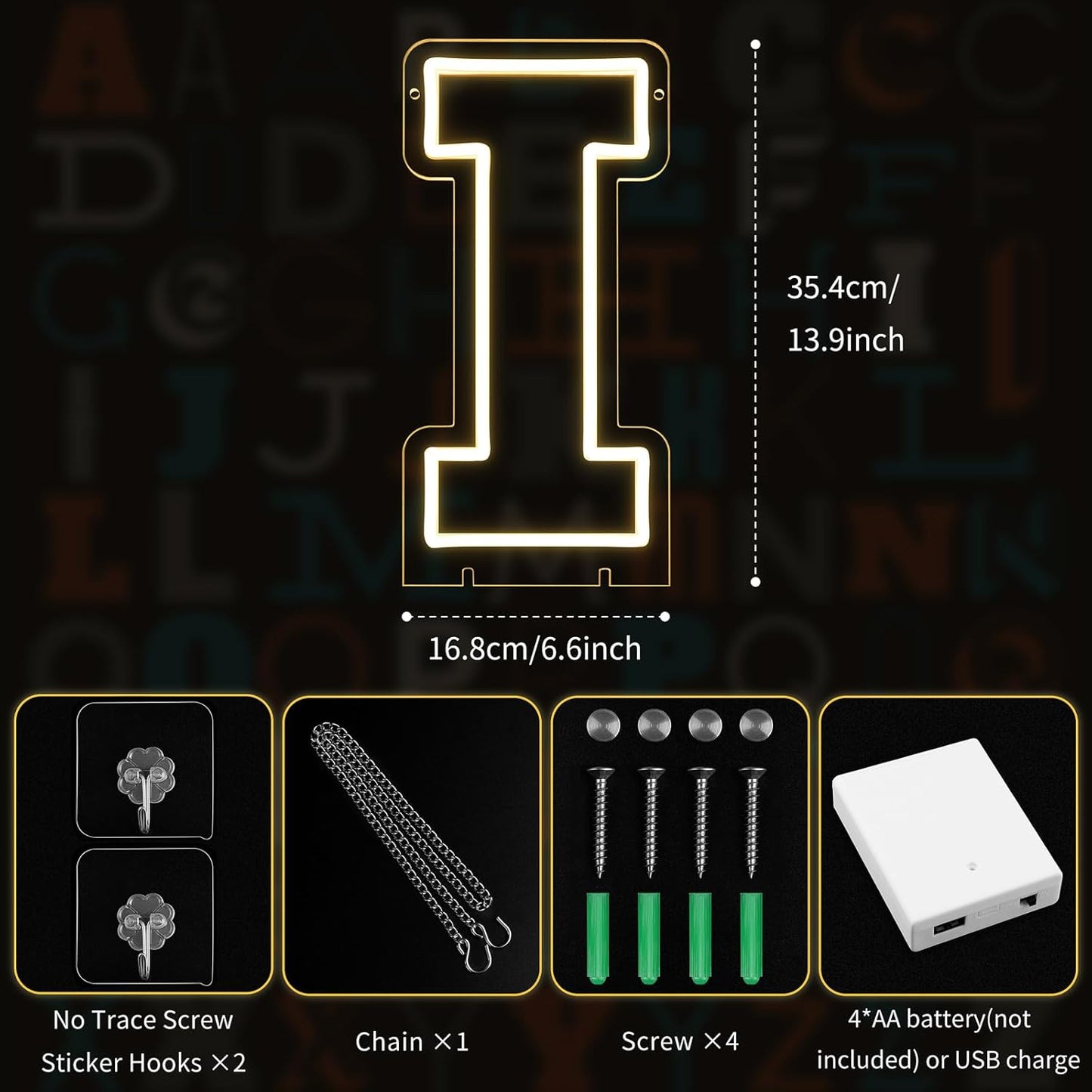 Light Up Letters I, Led Marquee Letter Lights Neon Sign, 13.9" Height Decorative Lighted Alphabet Number, Battery/USB Powered Led Letters Lights for Wedding, Birthday, Party, Christmas or Home Decor