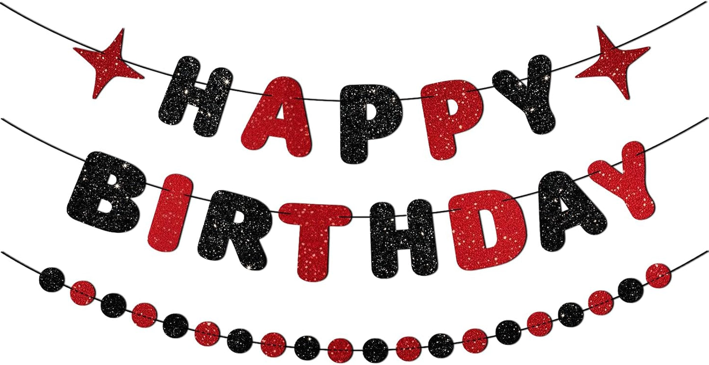 Red and Black Happy Birthday Banner Glitter Garland for Black and Red Decorations Happy Birthday Decorations for Women Men Boys Girls 25st 30st 40st 50th 60st Party Decor