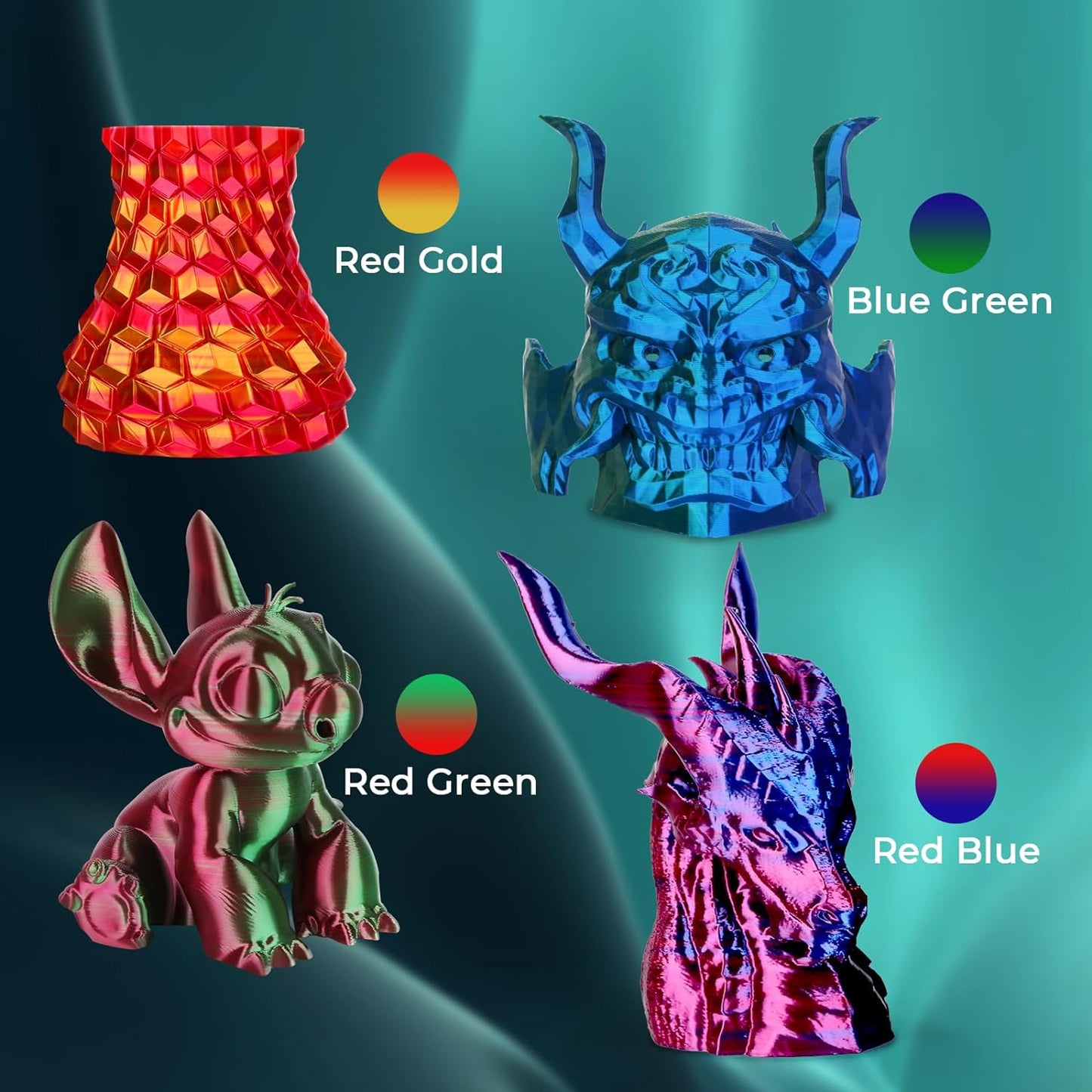 AMOLEN Silk PLA 3D Printer Filament Bundle, Shiny Dual Color PLA Filament 1.75mm Pack, Multi Color Change PLA 3D Printing Filament for Most FDM 3D Printer, 1KG X 4 Spools