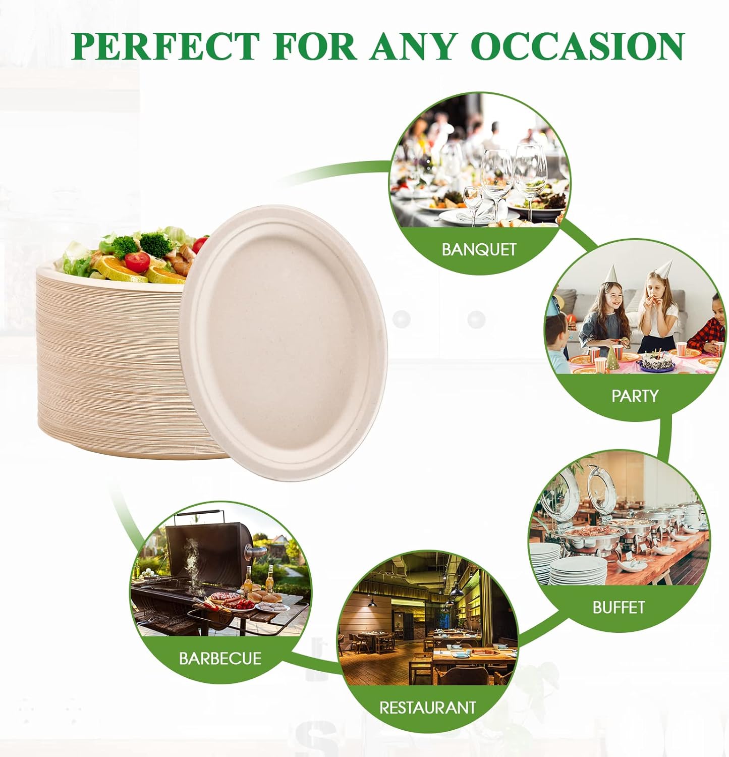 Vplus 100% Compostable Oval Paper Plates 12 inch 120 Pack Super Strong Disposable Dinner Plates Natural Biodegradable Eco-Friendly Sugarcane Plates for BBQ, Party, Gathering, and Picnic