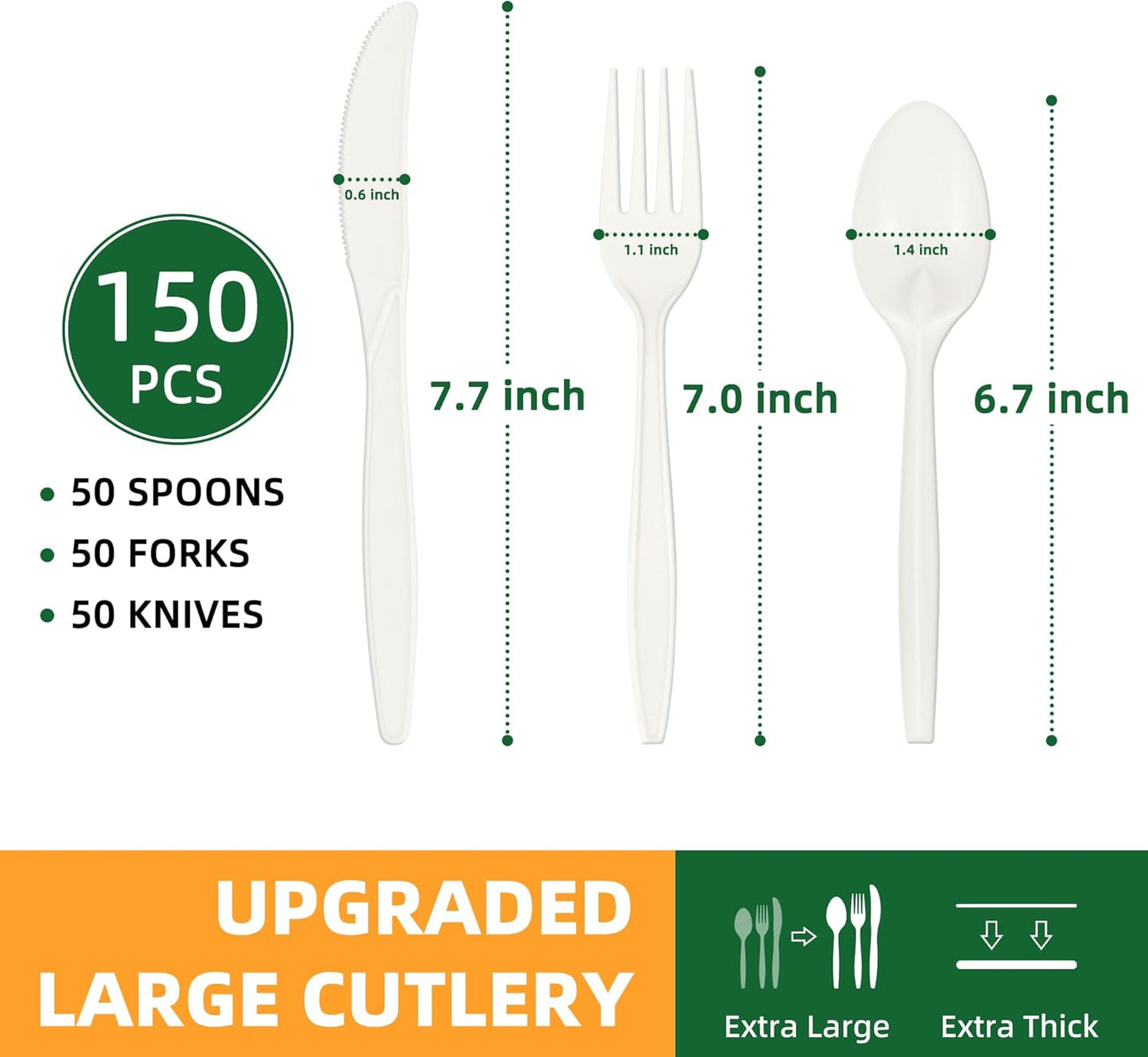 100% Compostable Cutlery Set,150pcs (50 Forks,50 Spoons,50 Knives) Disposable Cornstarch Utensils Heavy Duty BPI Certified Eco-Friendly Party Supplies No Plastic, Ivory White