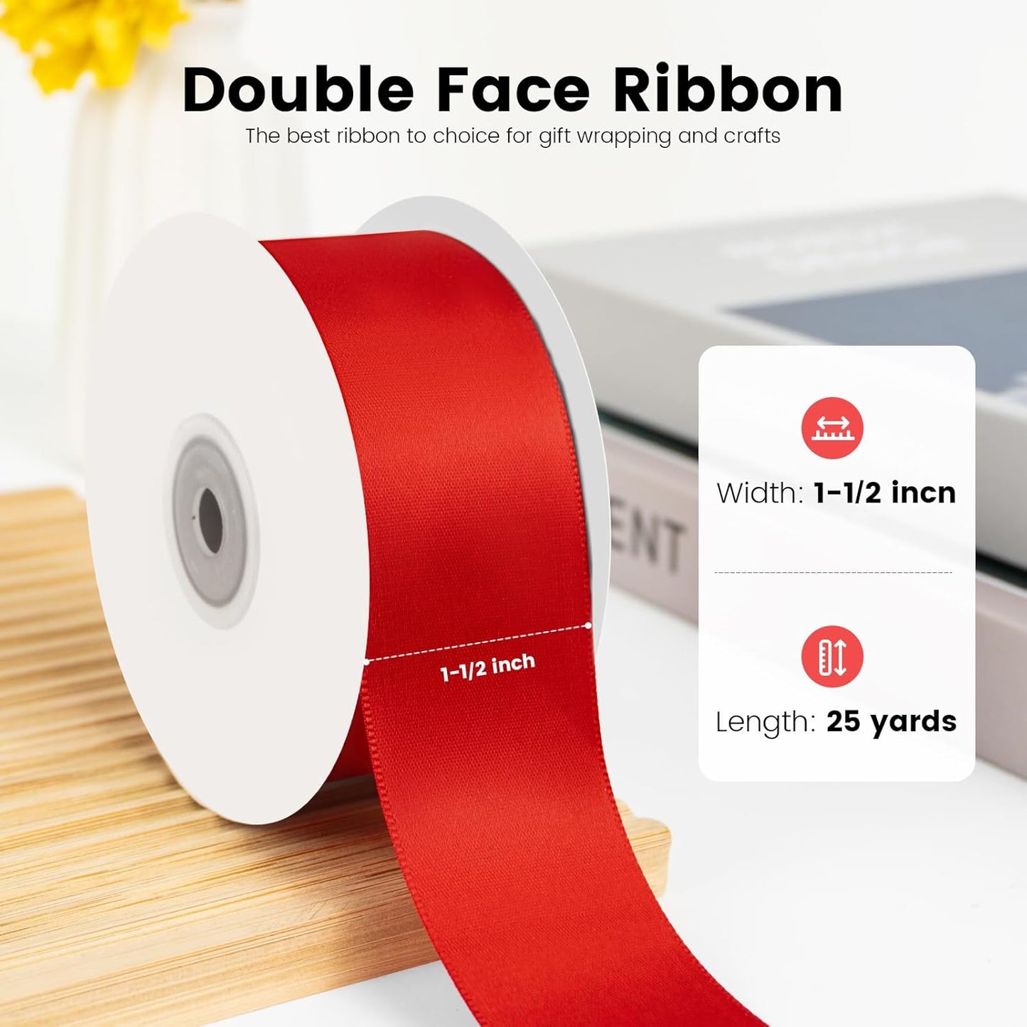 1-1/2 inch x 25 Yards Double Faced Polyester Red Satin Ribbon, Perfect for Gift Wrapping Very Suitable for Weddings Party Hair Bow Invitation Decorations and More