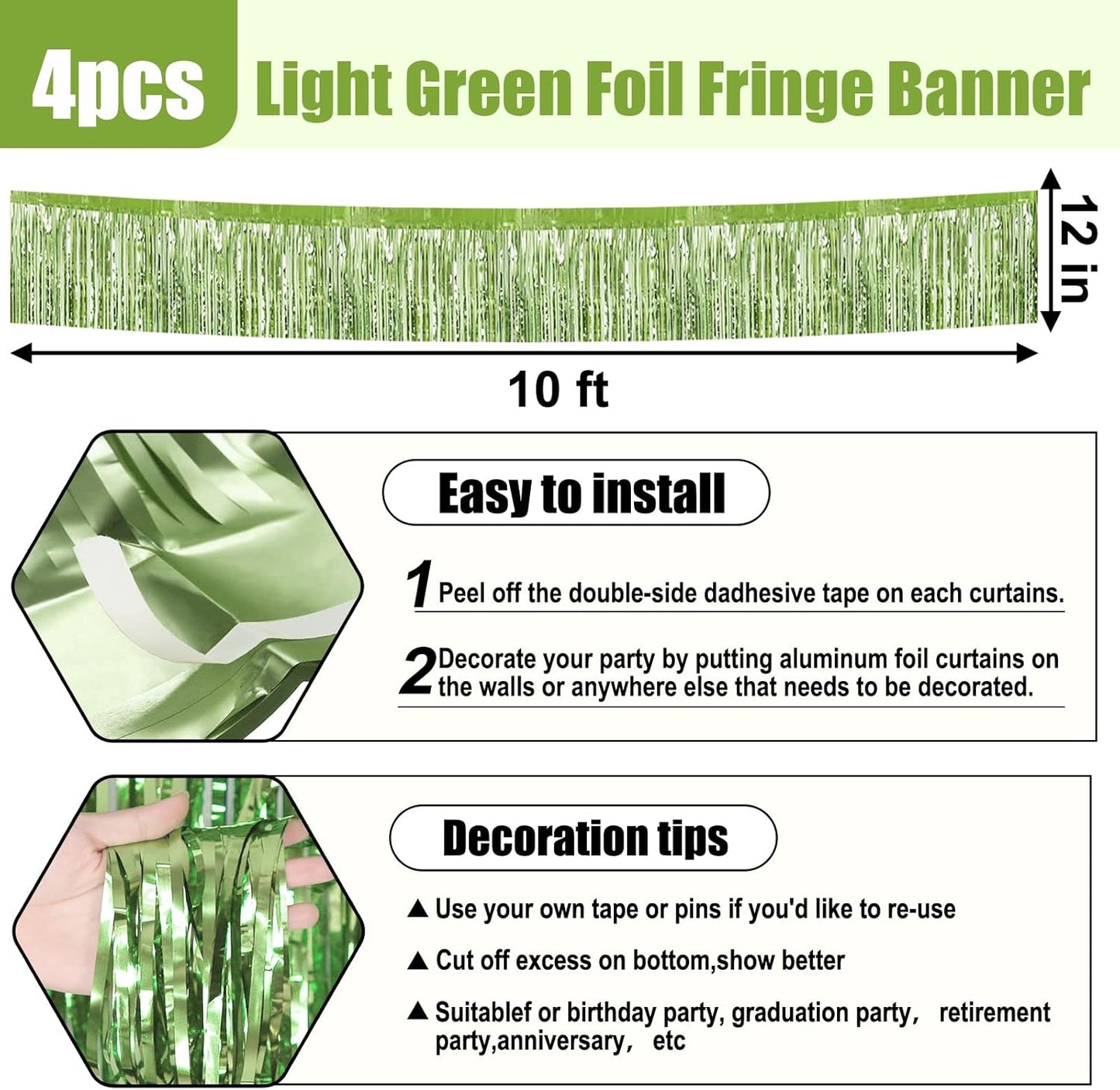 4 Pack 10 Feet Light Green Foil Fringe Garland Metallic Tinsel Streamers Banner Wall Hanging Curtain Backdrop for Parade Floats, Wedding, Graduate, Mother's Day, Birthday Party Decoration