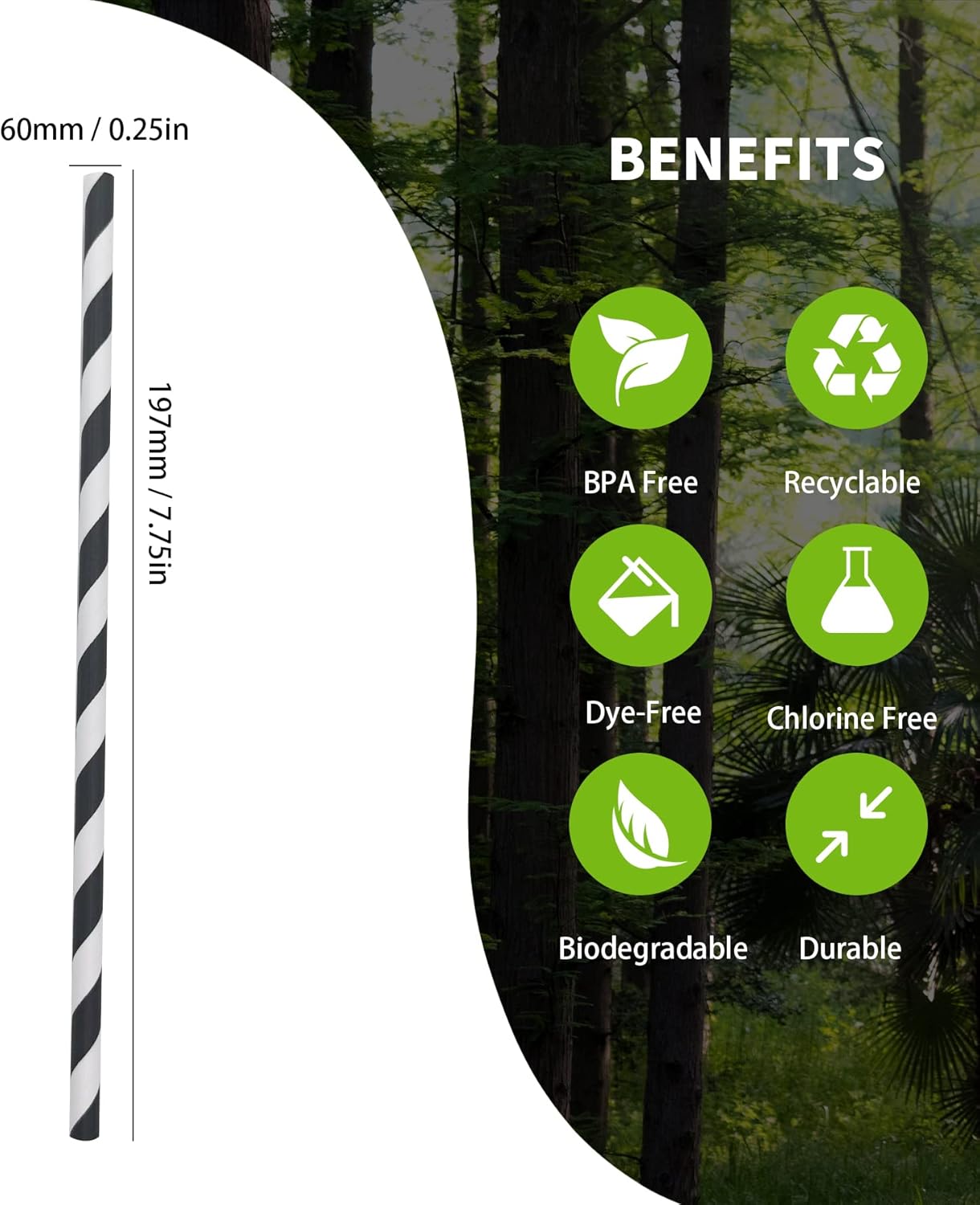 Biodegradable Black Striped Paper Straws, Pack of 100 Disposable Black White Stripes Paper Drinking Straw for Restaurants, Juices, Smoothies