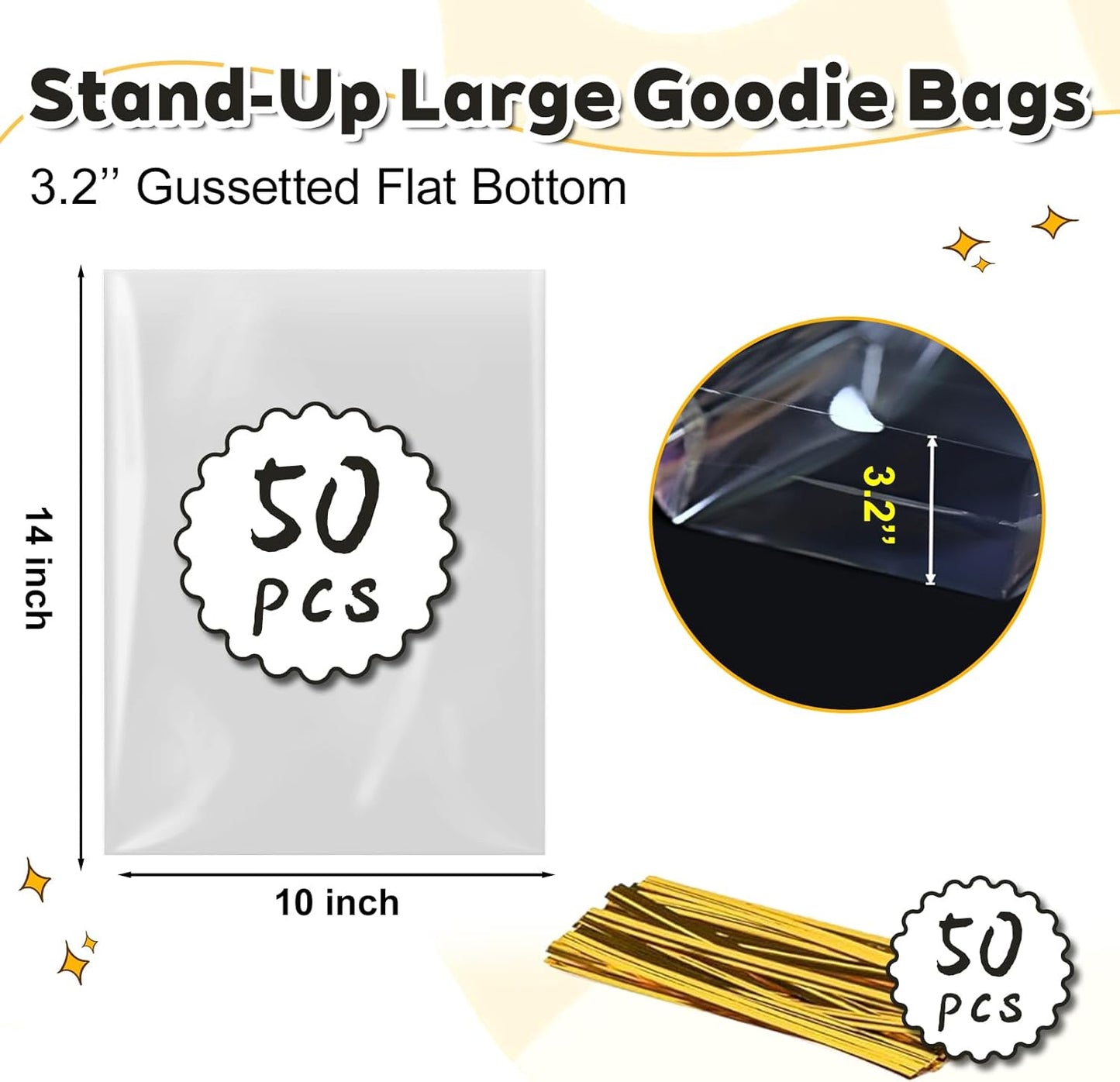 PigPotParty 10"x 14", 50Pcs Bottom Gusset Bags, Clear Plastic Gift Cellophane Mug Treat Goodie Bags with 50x Twist Ties, Large Party Favor Packaging, Toy Wrapping (No Side Gusset)