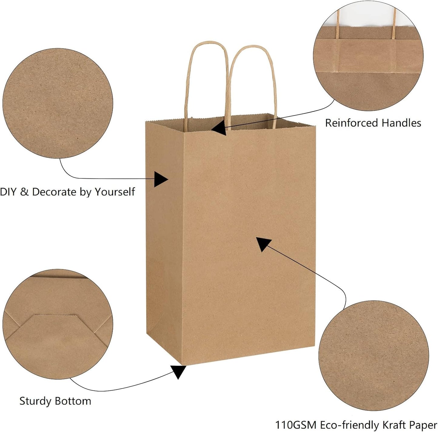 Toovip 50 Pack 5.25x3.25x8.25 Inch Small Plain Brown Kraft Paper Bags with Handles Bulk, Gift Bags for Favor Grocery Retail Party Birthday Shopping Business Goody Craft Merchandise Take Out Sacks