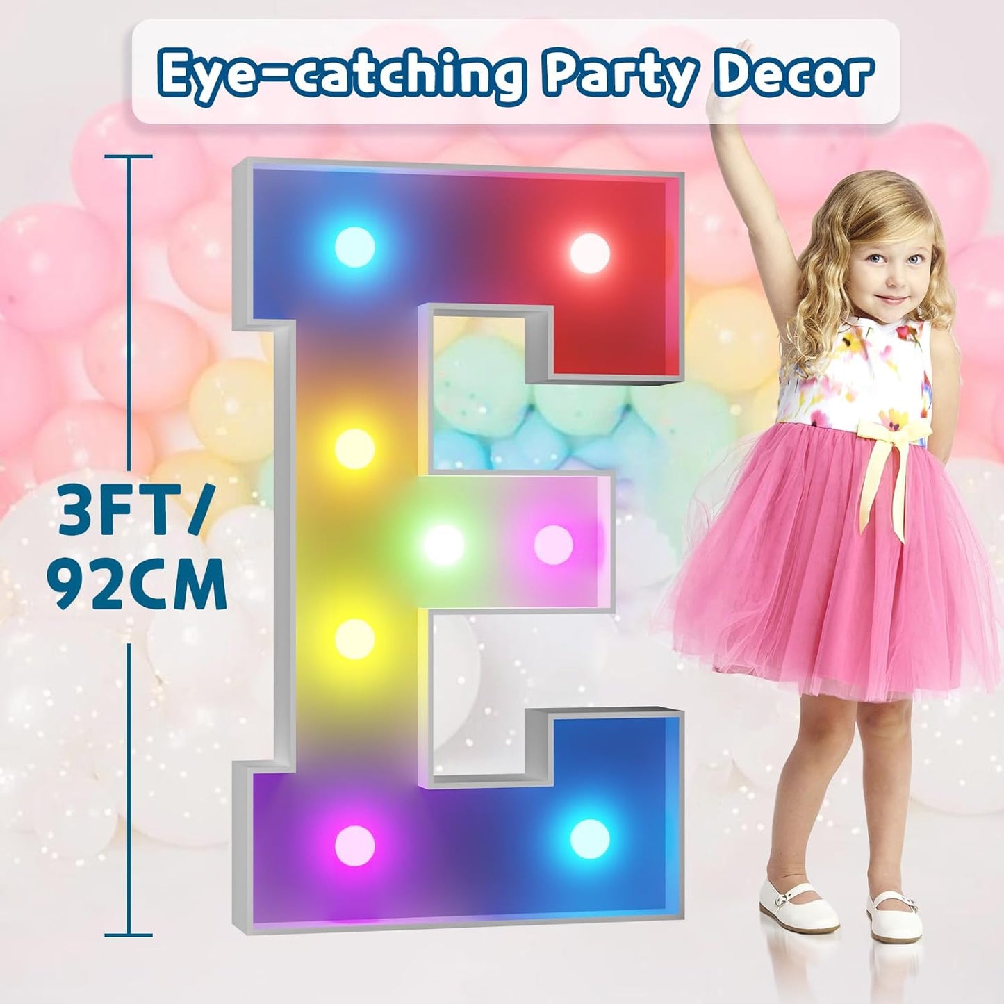 imprsv 3FT Colorful Marquee Light Up Letters E, 18 Colors Large Light up Letters Alphabet Sign with Remote, Big Marry Me Sign, Birthday Party Decorations Baby Shower Anniversary Wedding Decoration