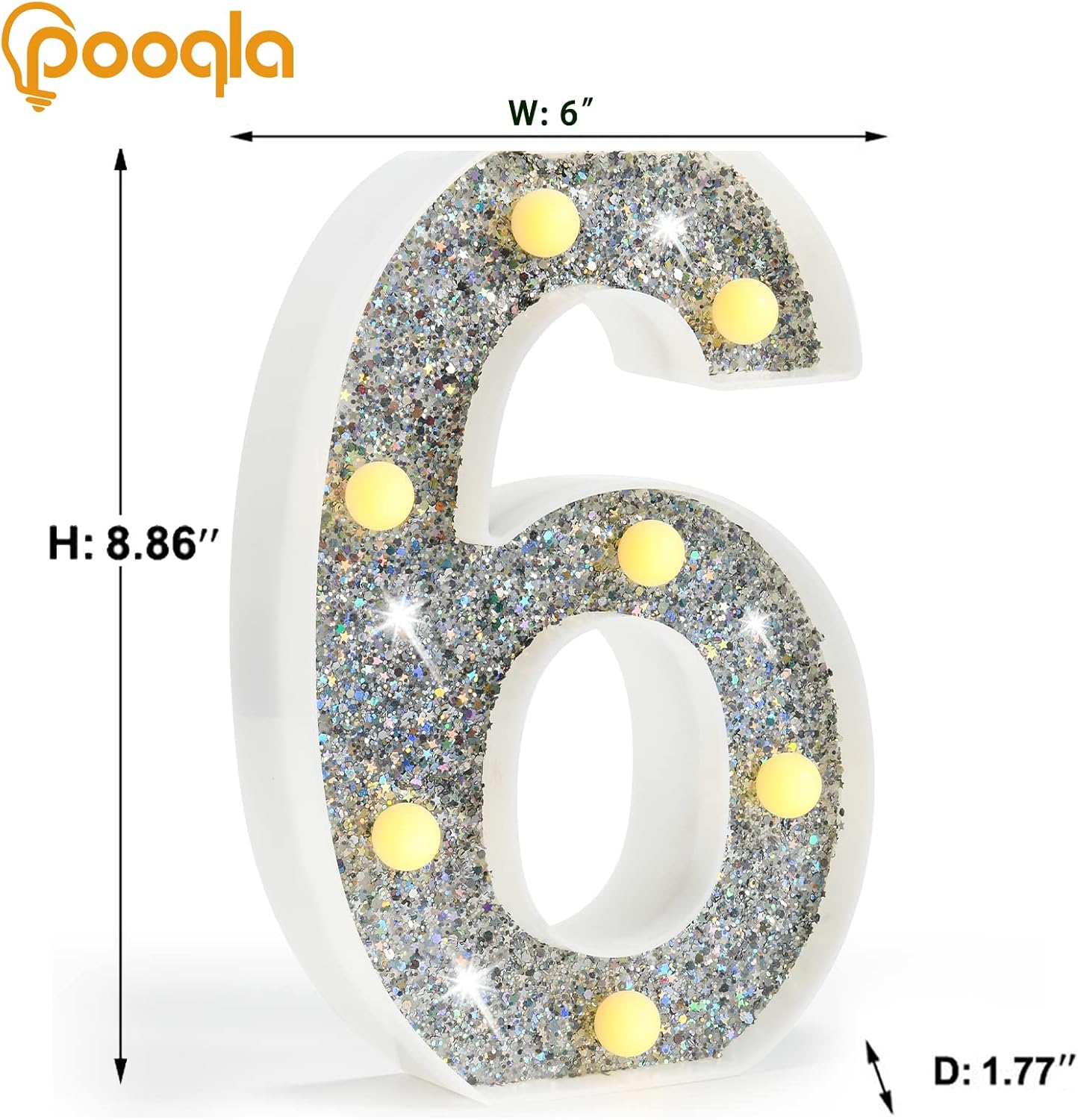 Pooqla Marquee Light up Numbers, Lighted Numbers for 6th Birthday Decorations, Night Light Battery Powered for Silver Party Decorations, Gift for Boys Girls Christmas Wedding Home Room Decoration