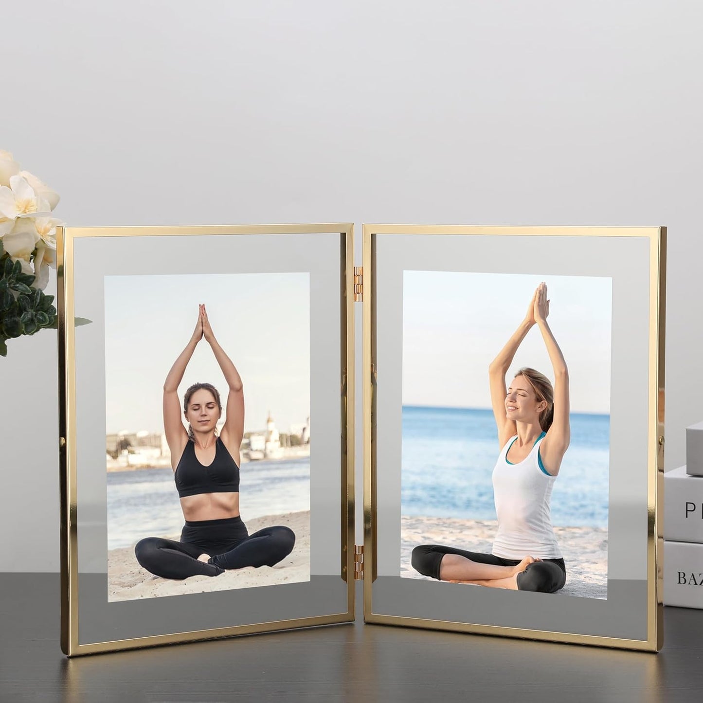 7x9''Gold Double Floating Frame For Photo Sizes (4x 6'', 5x7'',6x8''),For Tabletop/Shelf Display, Classy Gift for Wedding,Christmas,Birthady, Home or Office Decor.