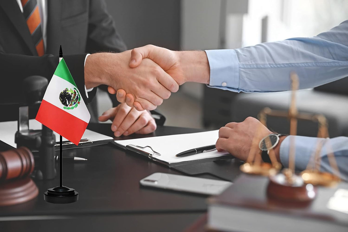 Mexico Mexican Deluxe Desk Flag Set Small Mini Miniature Mexico Mexican Table Desktop Flags With Solid Pole, Black Base and Spear Top(2 Pack)
