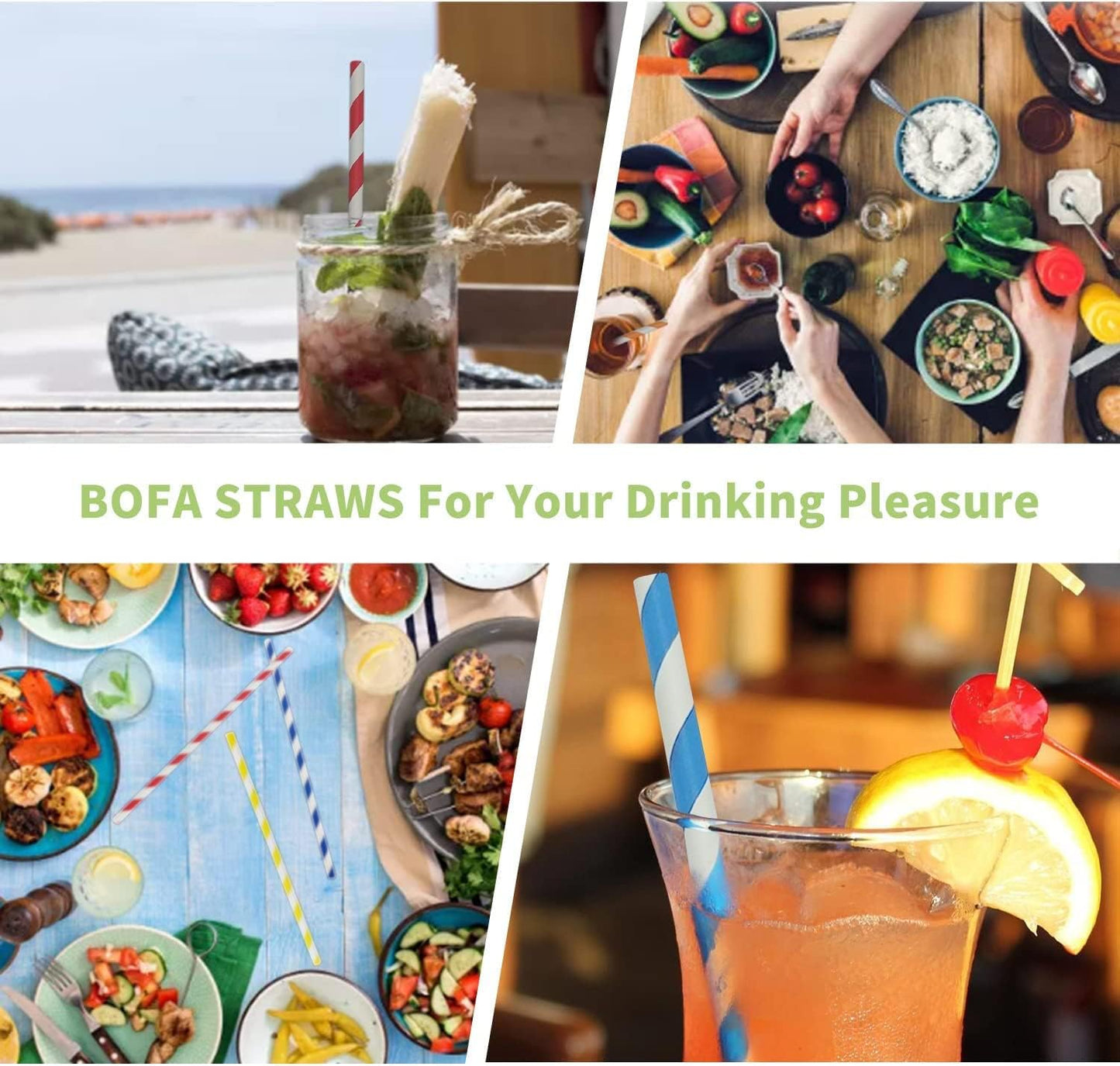 Environment Green White Paper Straws Bulk 100, Disposable Green Striped Drinking Straws with Kraft Box Packing Coktail Straw for Holiday Use Juice Patener