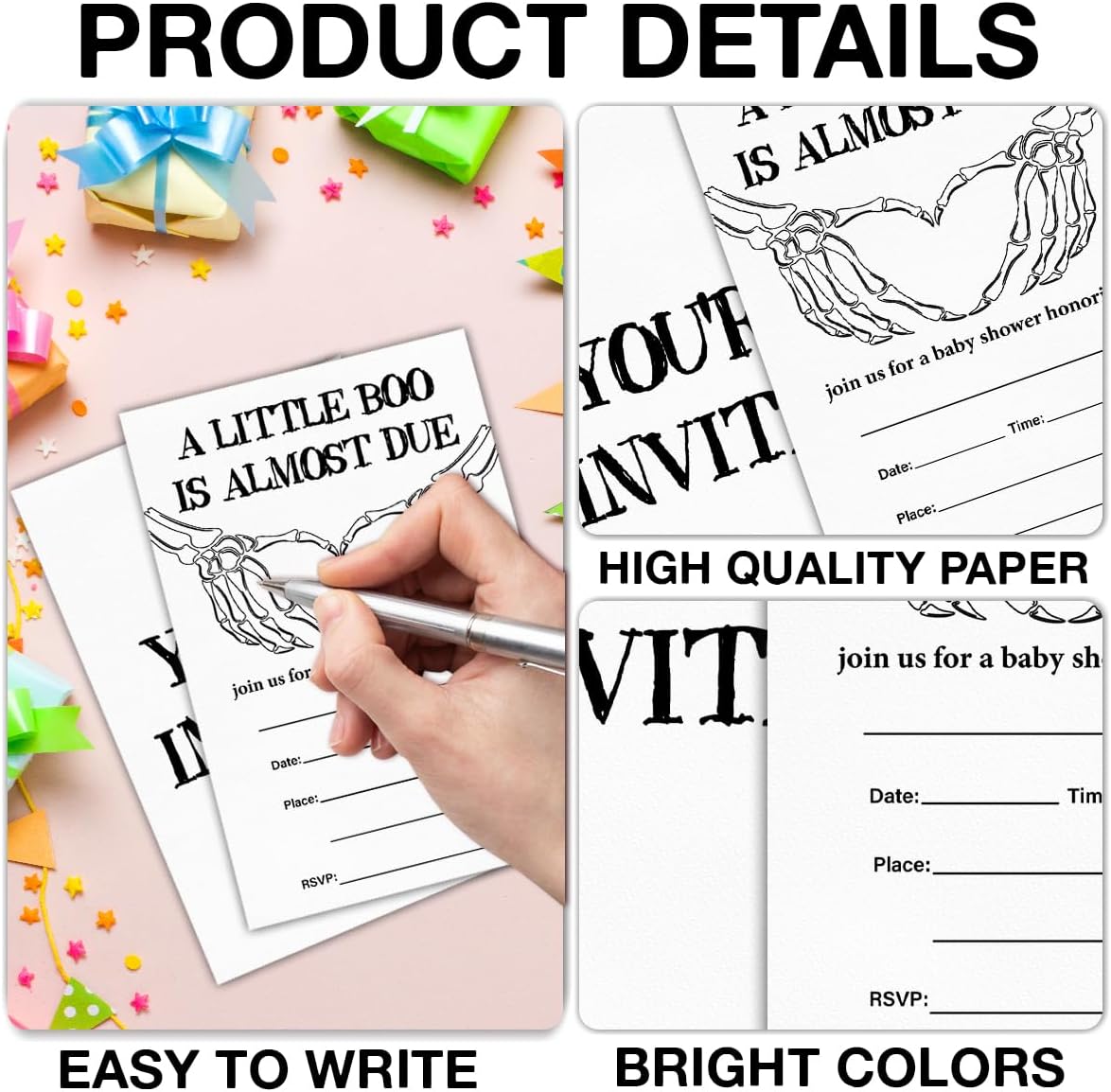 Halloween Baby Shower Party Invitations, Gothic Skeleton Spooky Baby Shower Party Fill in Invites Cards With Envelopes (20 Count) Double Sided Design, a Little Boo Is Almost Due