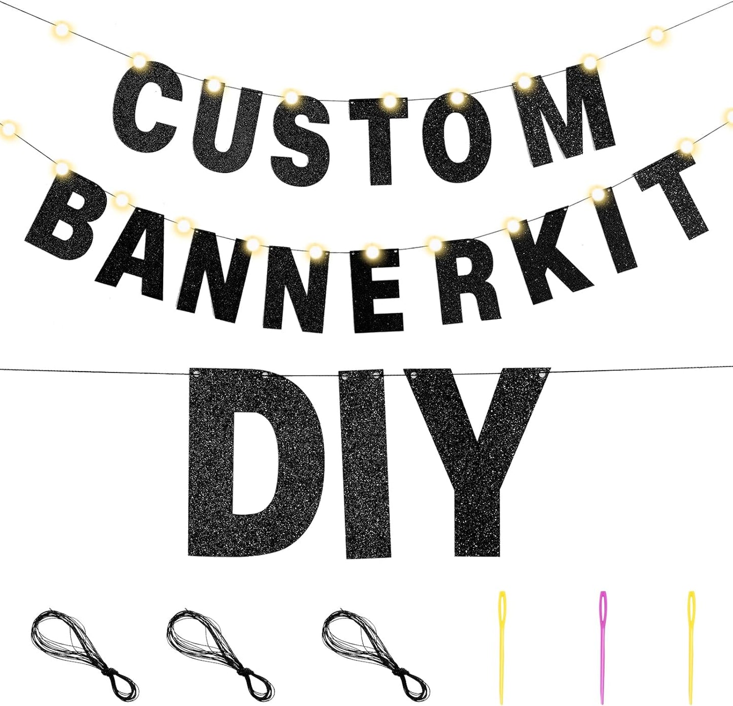TaoBary 112 Pcs DIY Letter Kit Glitter Customizable Banner Letters Include 107 Letters and Numbers 3 Rope and 2 Needles for Birthday Halloween Christmas Wedding Valentine Party Decor(Black)