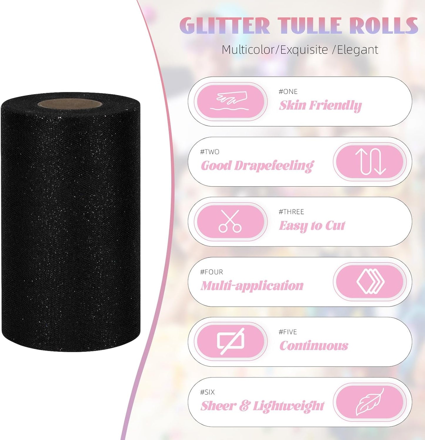 Glitter Tulle Rolls 6” by 50 Yards Sparkle Tulle Fabric Ribbon Sequin Tulle Netting Rolls for DIY Tutu Skirt Wedding Birthday Party Decoration (Black)