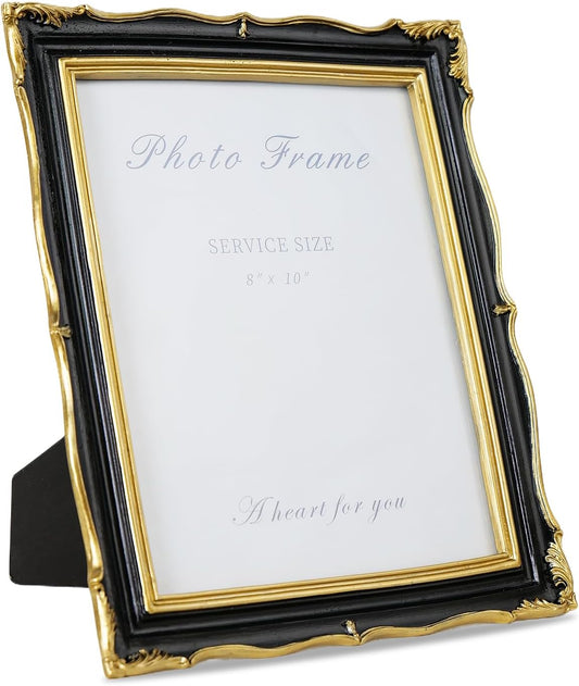 8x10 Black and Gold Picture Frame Vintage Frame, Ornate Textured Hand-Crafted Resin Photo Frames with Glass Front, 8 by 10 Decorative Picture Frame for Wall & Tabletop, Antique Frame Home Decor