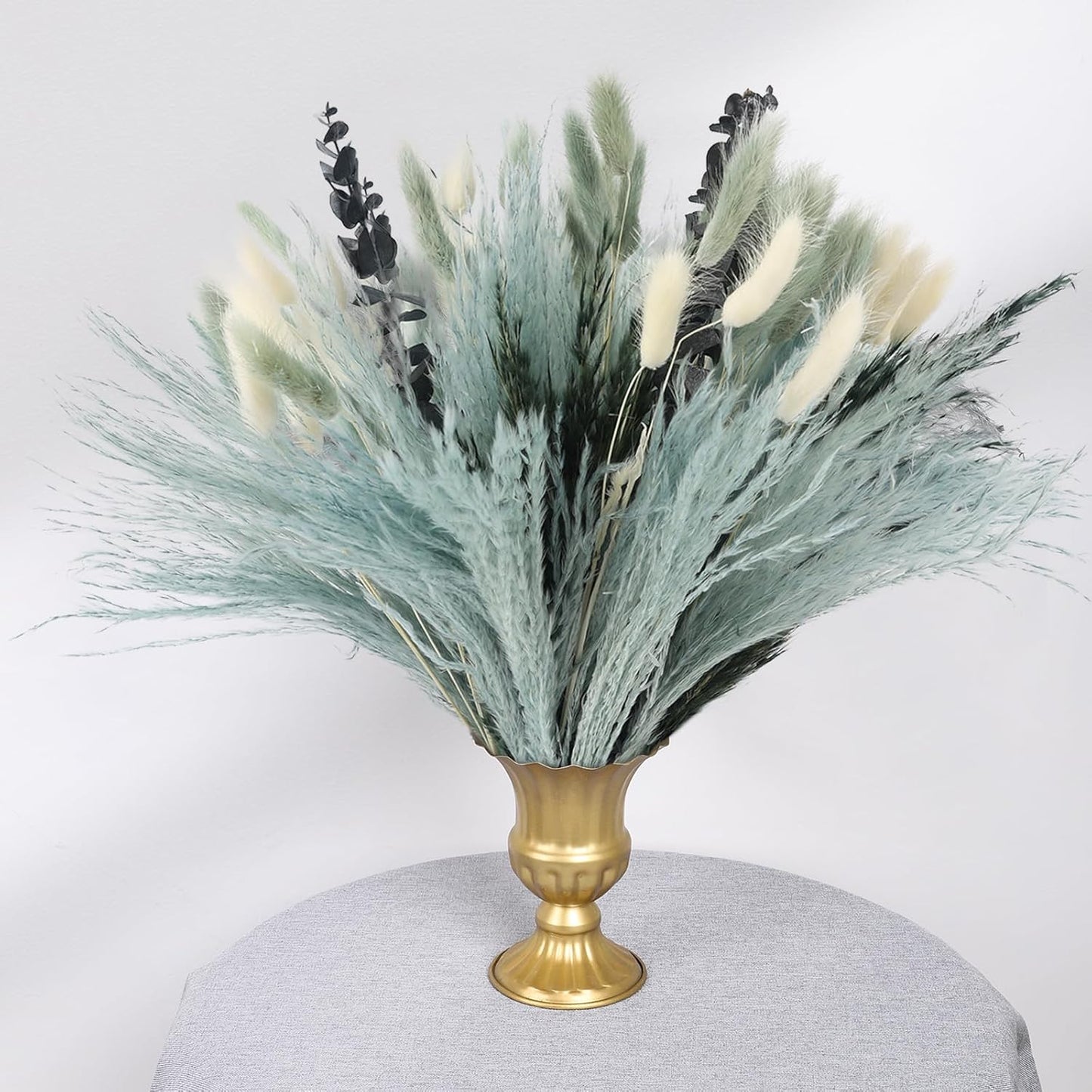 N&T NETING 100Pcs Grey Pampas Grass Decor Natural Dried - Gray Pampas Grass Bunny Tails Eucalyptus Leaves Gray Flowers for Centerpieces Rustic Living Room Home Wedding Boho Modern Decor(17.5 Inch)