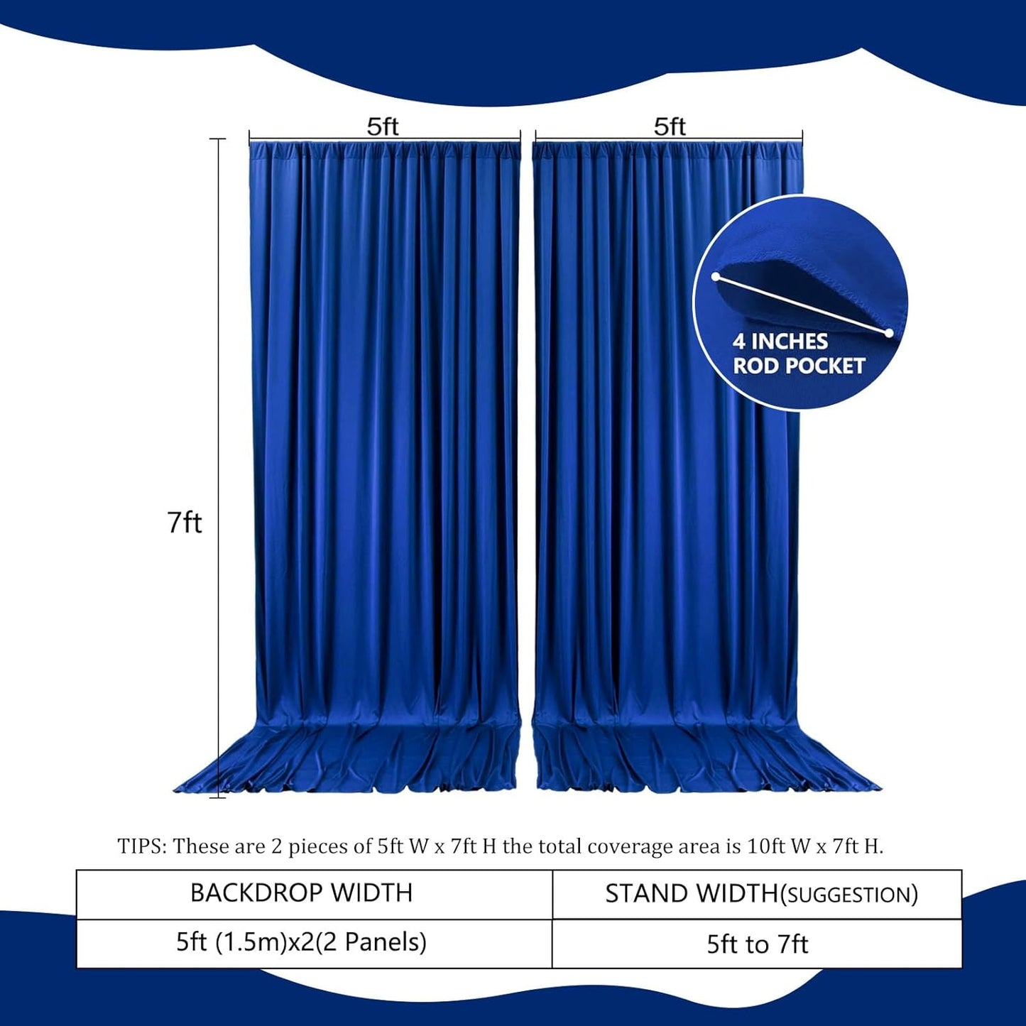 2 Panels Blue Backdrop Curtain, 10 x 7 Feet Background Curtains for Parties, Weddings, Baby Showers, Bachelorette Halloween, Christmas Birthday Party Photoshoot Backdrop Curtains Decorations