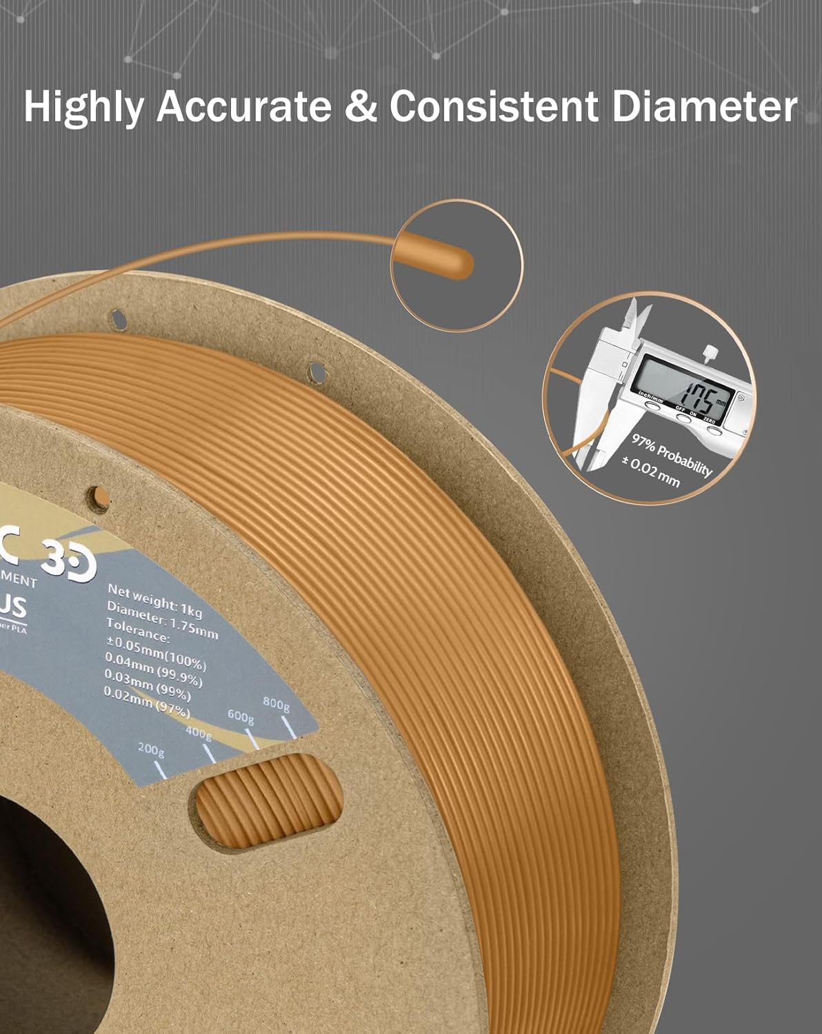 DURAMIC 3D PLA+ Filament 1.75mm 1Kg Light Brown, PLA Plus Filament 1Kg Spool(2.2lbs) Tougher and Stronger, Dimensional Accuracy Probability +/- 0.02mm